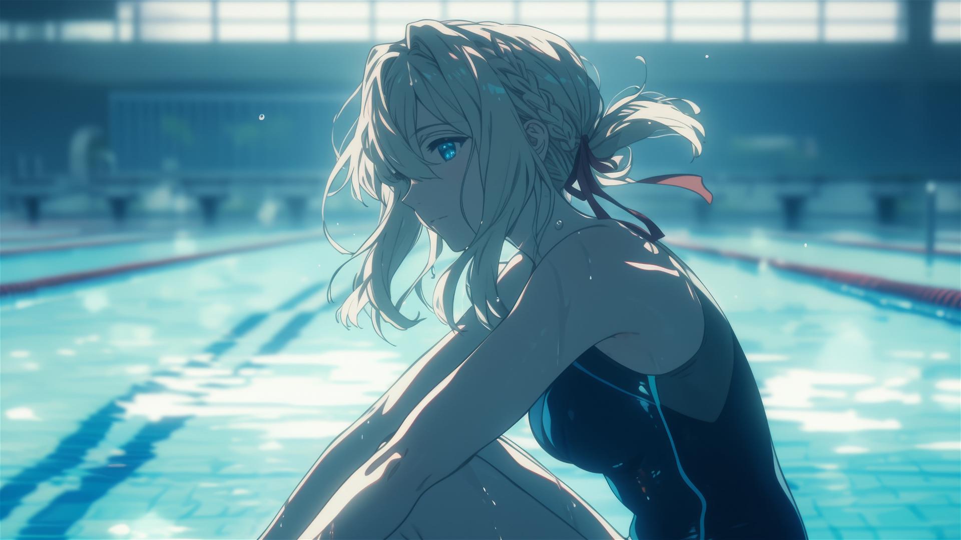 Violet Evergarden swimming in moonlit pool