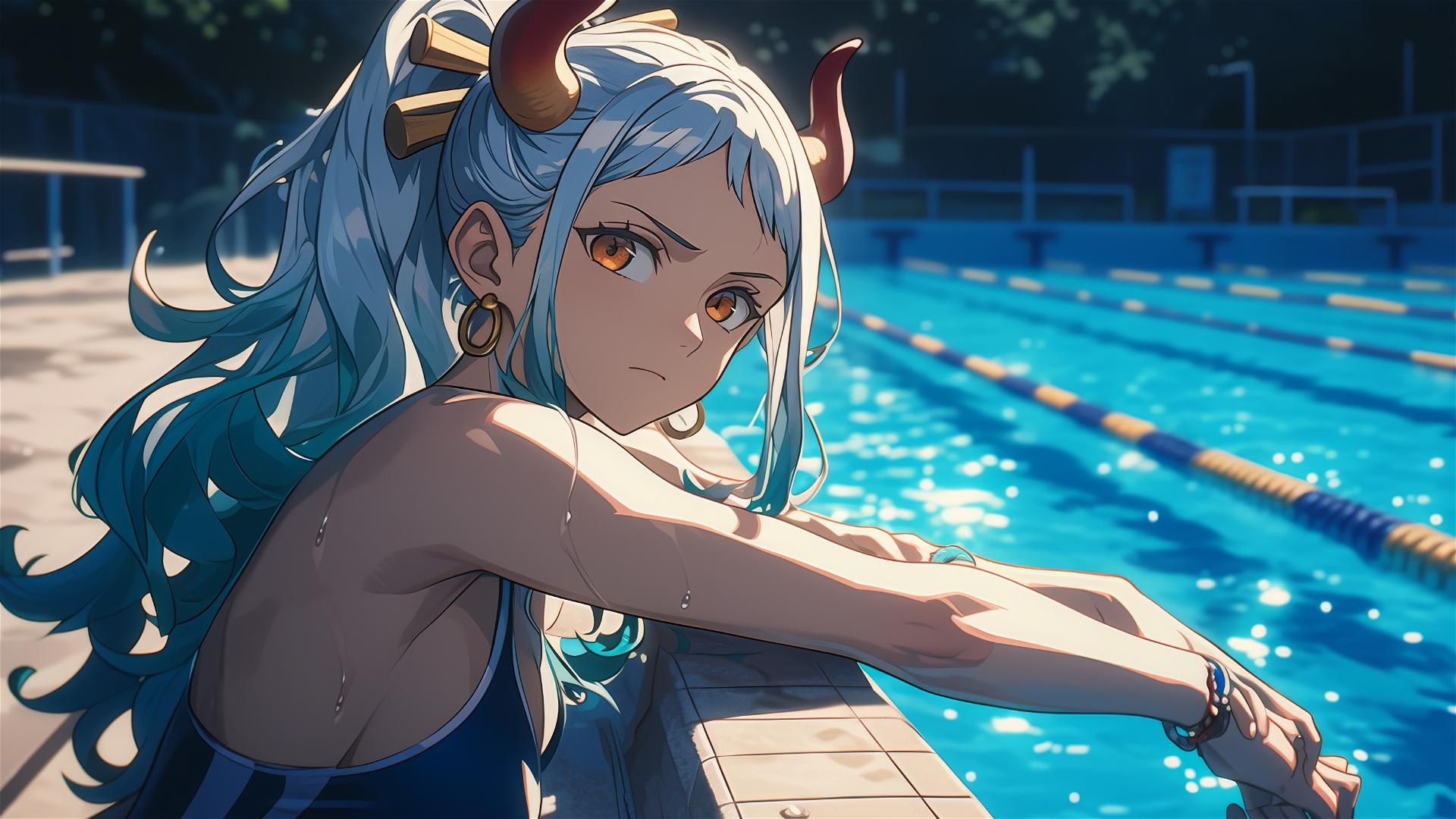 Yamato from One Piece by pool in moonlight with orange eyes