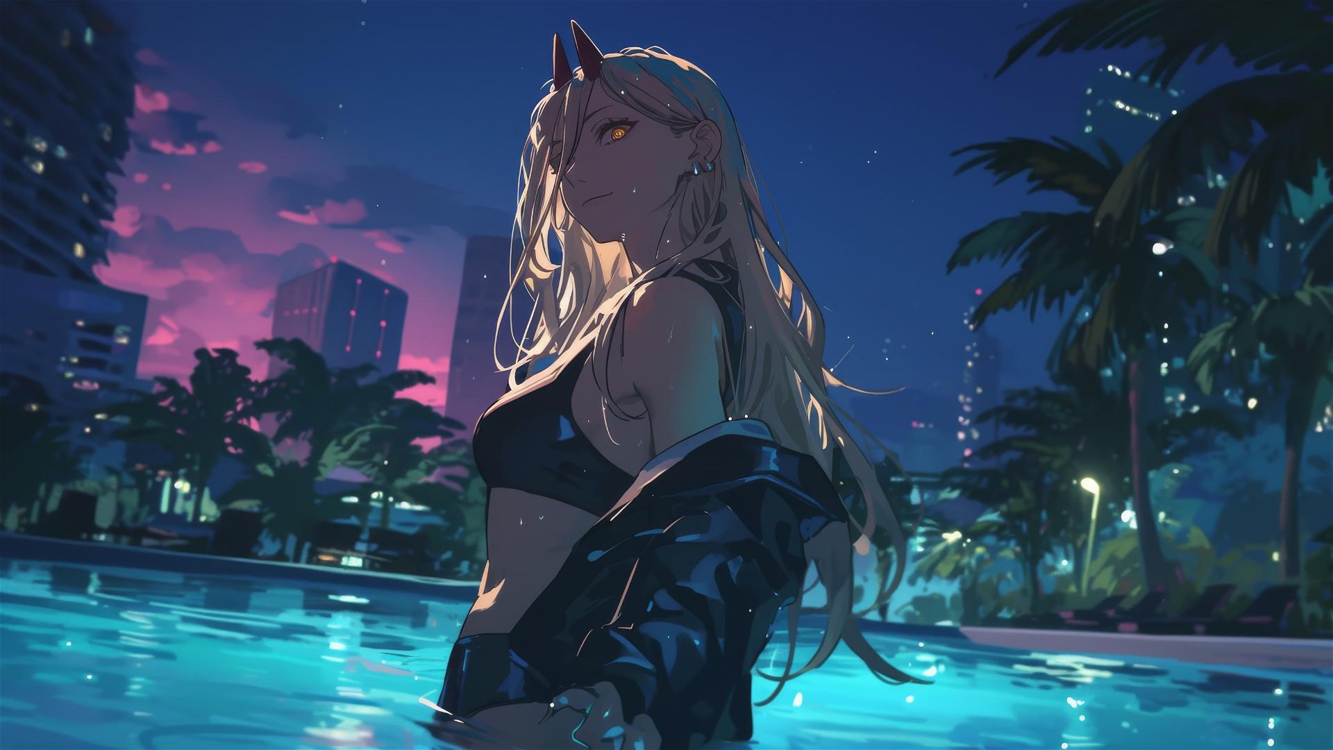 Power from Chainsaw Man standing in a pool under moonlight with yellow eyes