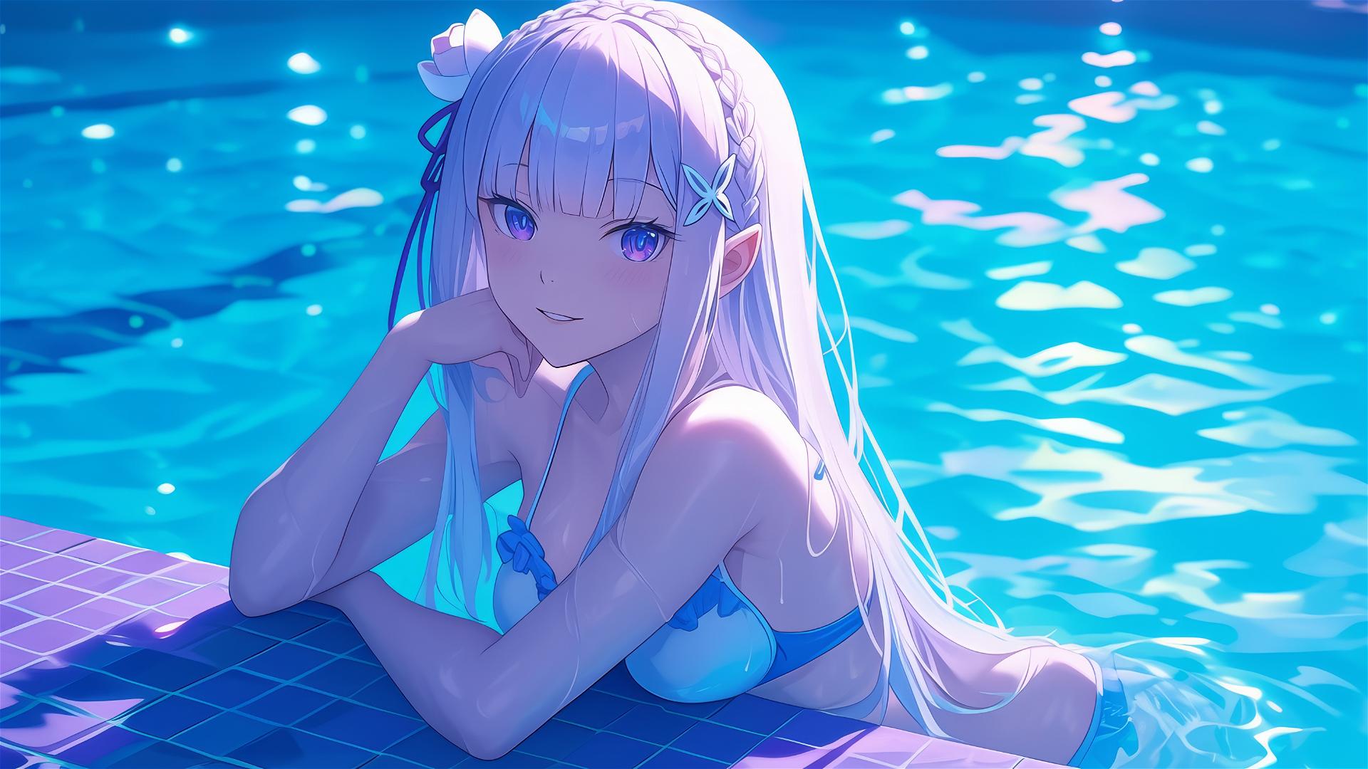 Emilia from Re:Zero relaxing in a pool under moonlight
