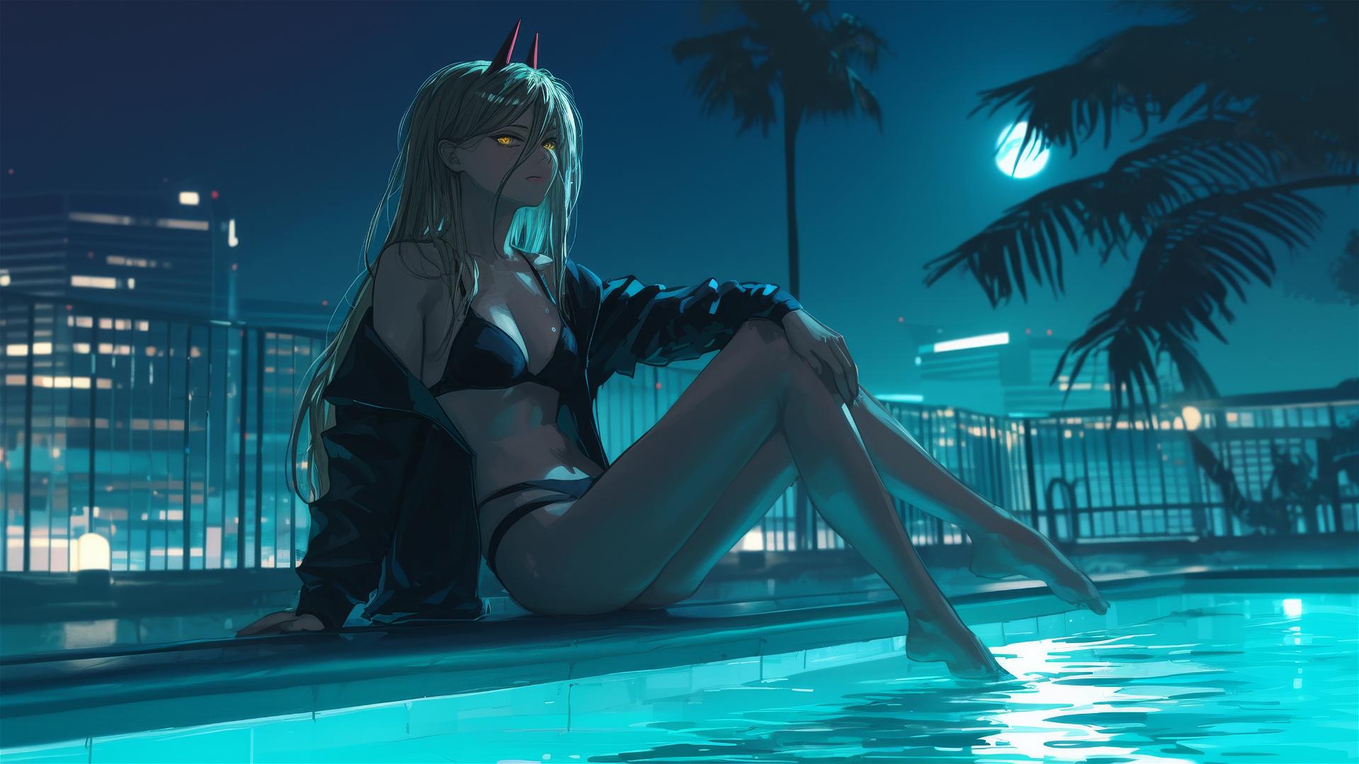 Power from Chainsaw Man resting by pool under moonlight