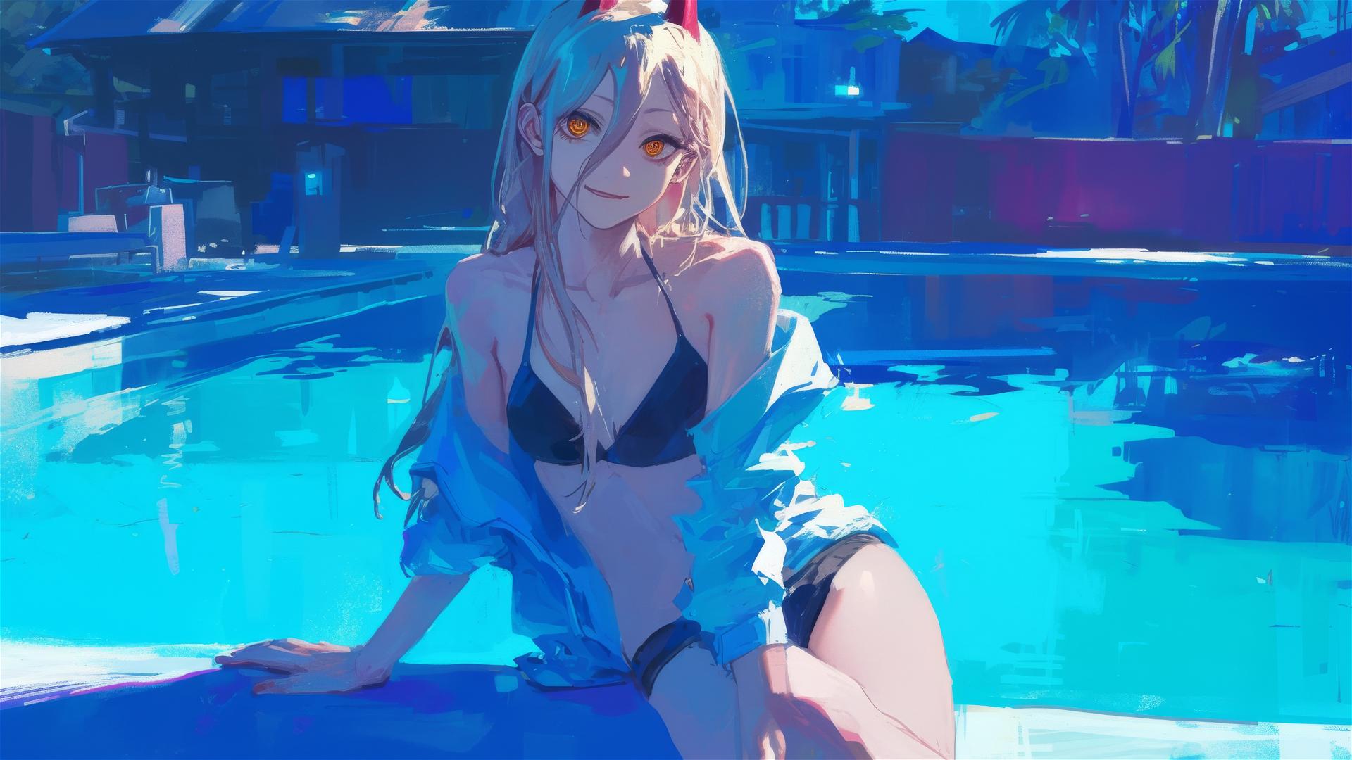 Power from Chainsaw Man resting by pool under moonlight with yellow eyes