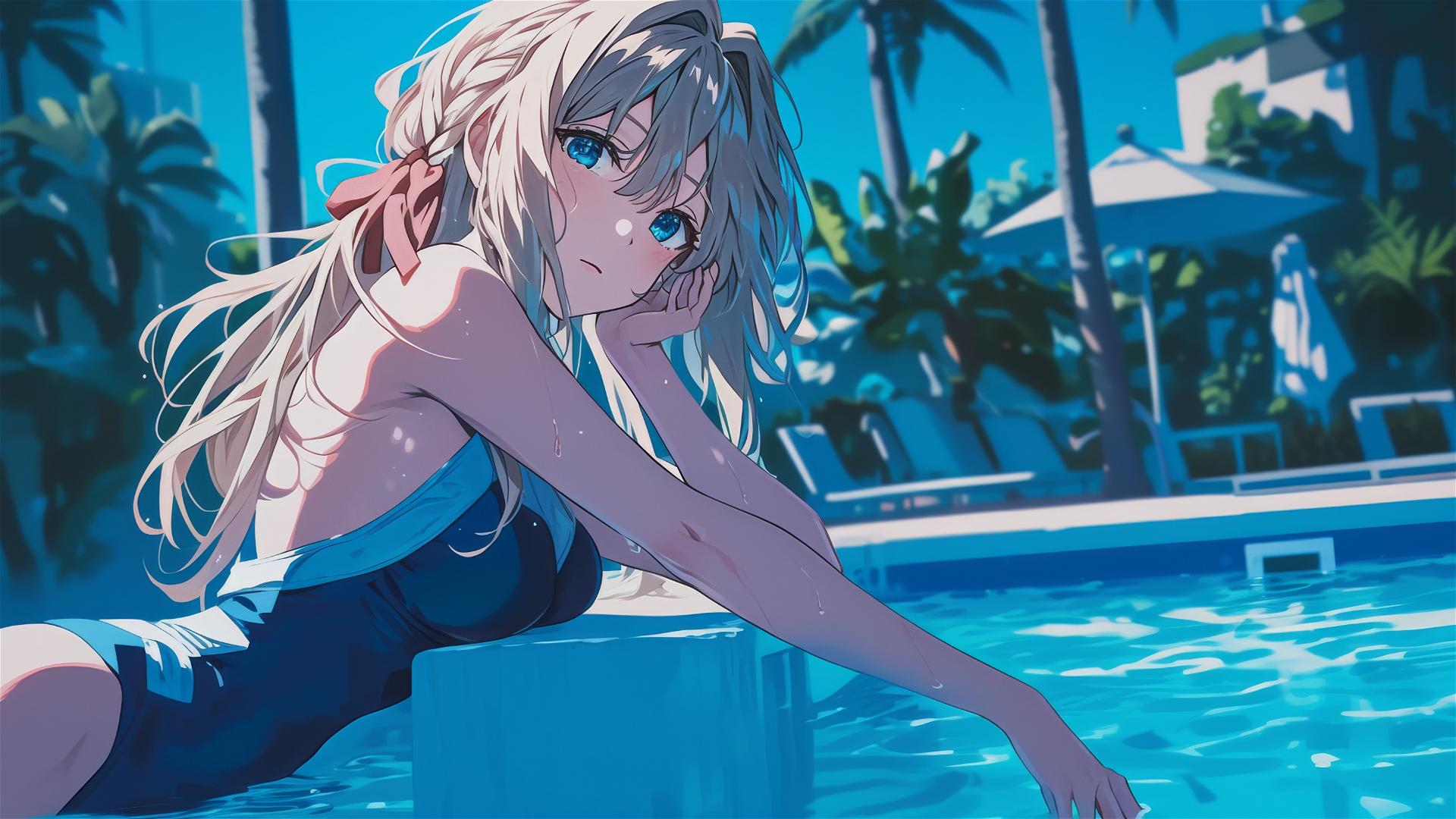 Violet Evergarden in bunny girl outfit by moonlit pool