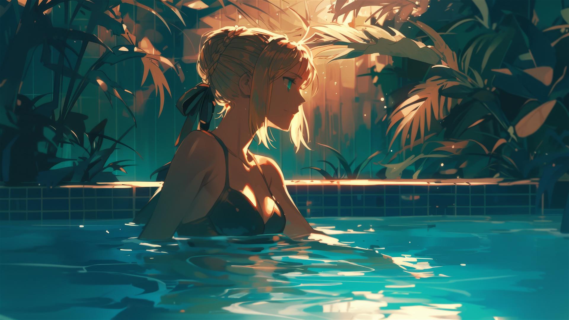Saber from Fate/Zero swimming in a pool under moonlight