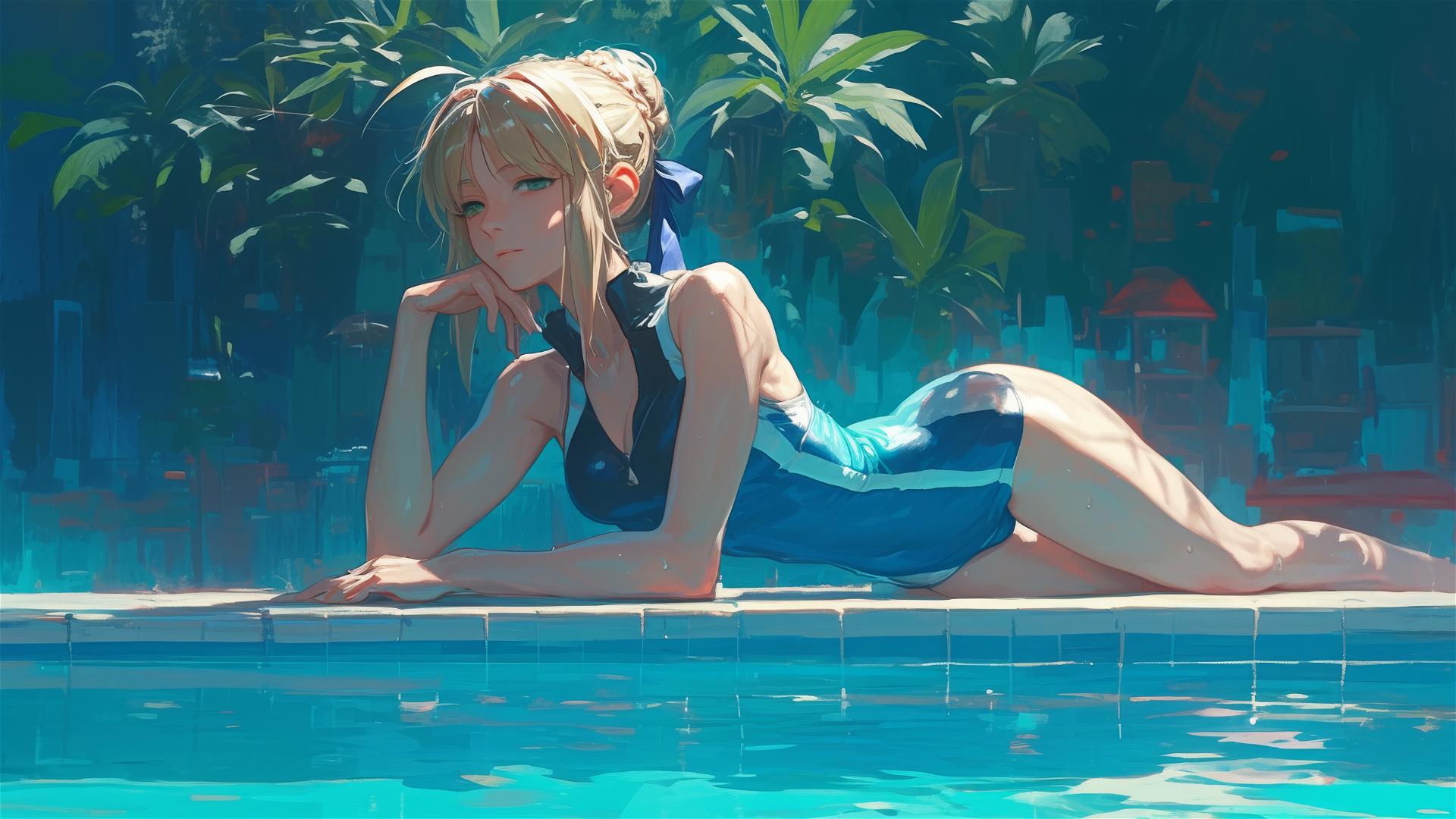 Saber from Fate/Zero resting by pool under moonlight