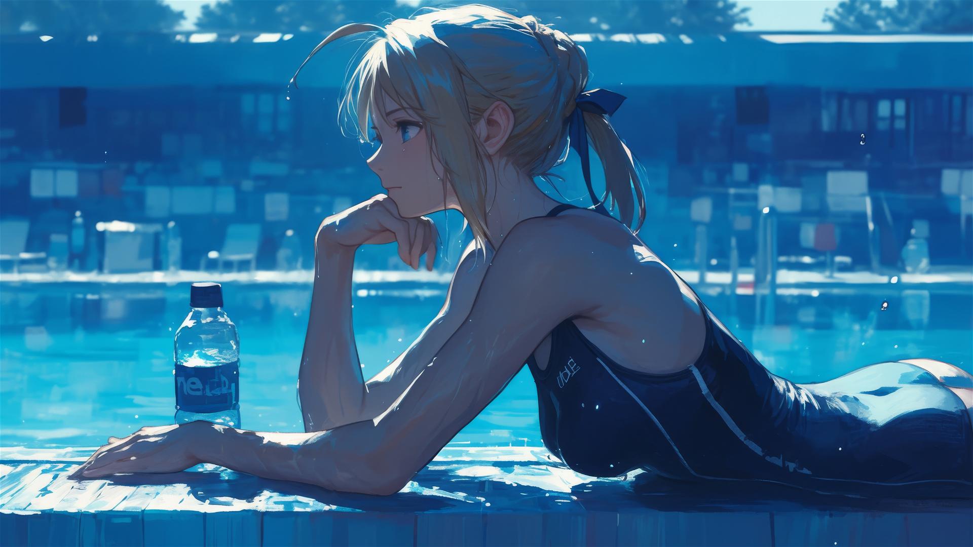 Saber from Fate/Zero resting by pool under moonlight