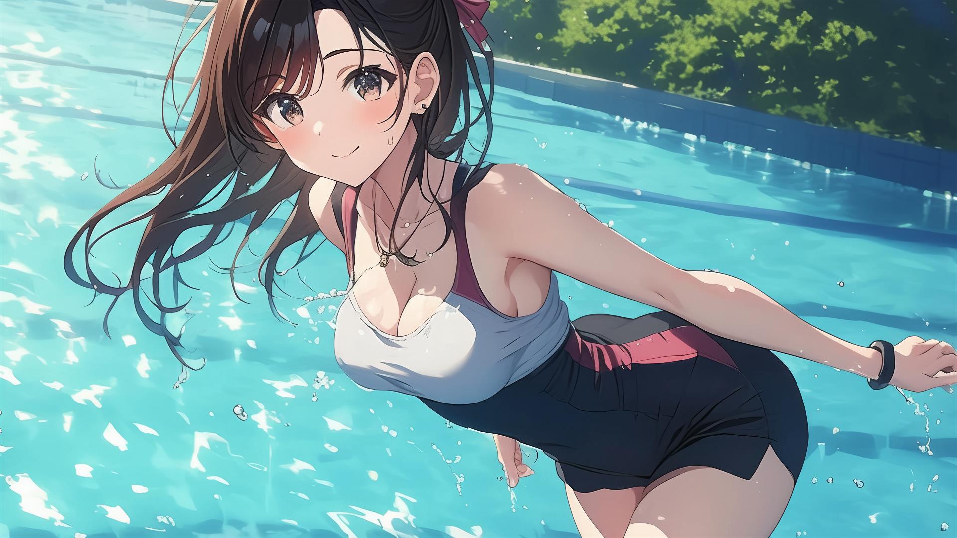 Mizuhara Chizuru from 'To Rent A Girlfriend' swimming in moonlit pool