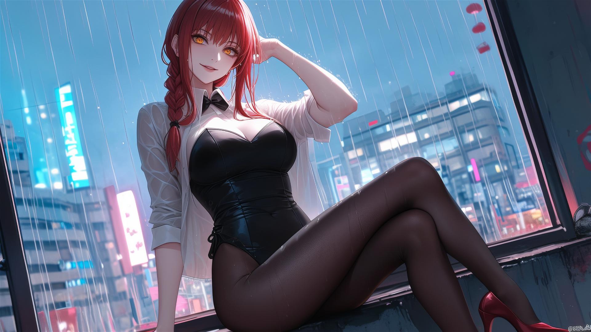 Makima from Chainsaw Man, red hair, red heels, moonlit rooftop on rainy day.