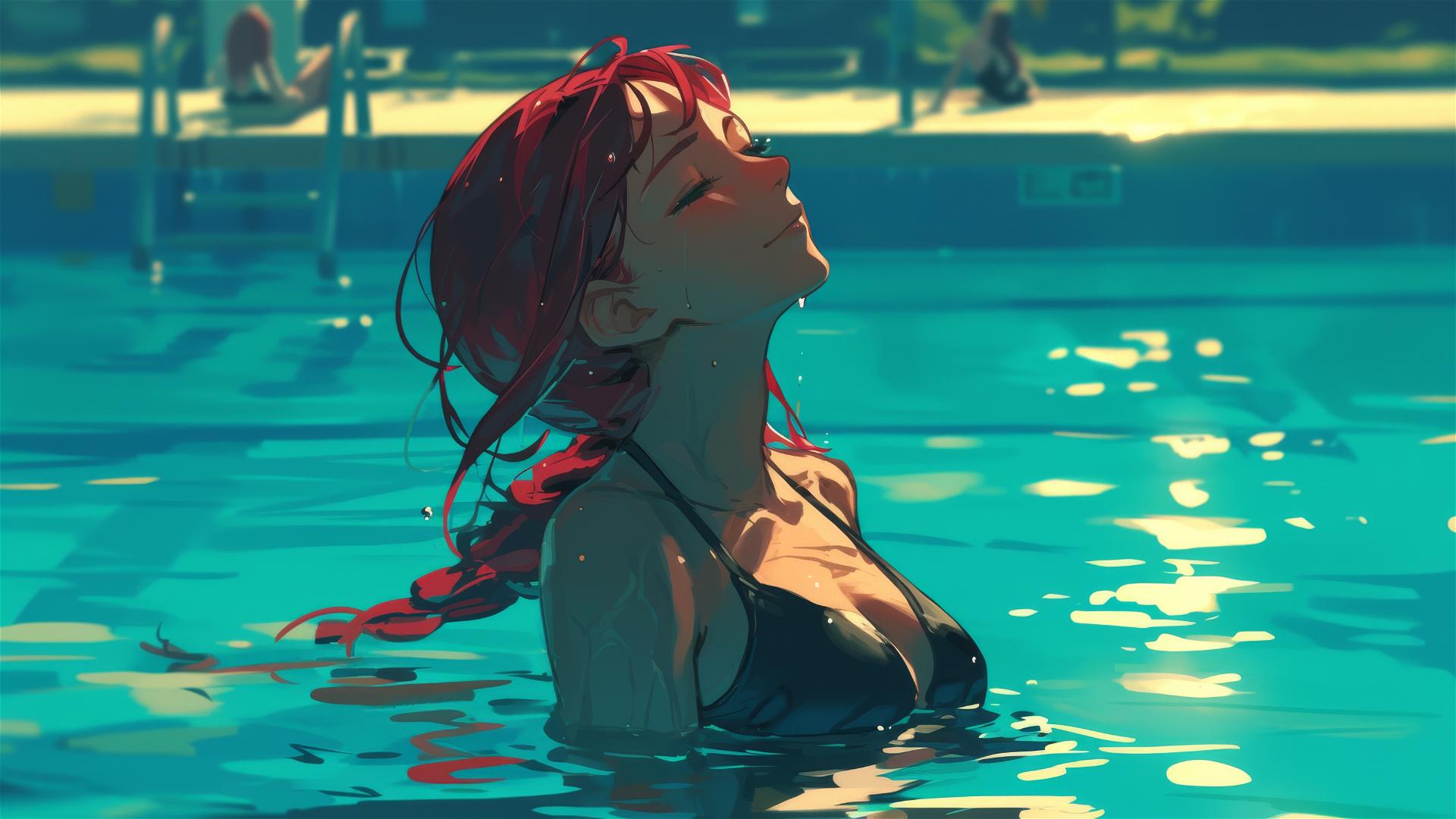 Makima from Chainsaw Man standing in a pool under moonlight, red hair