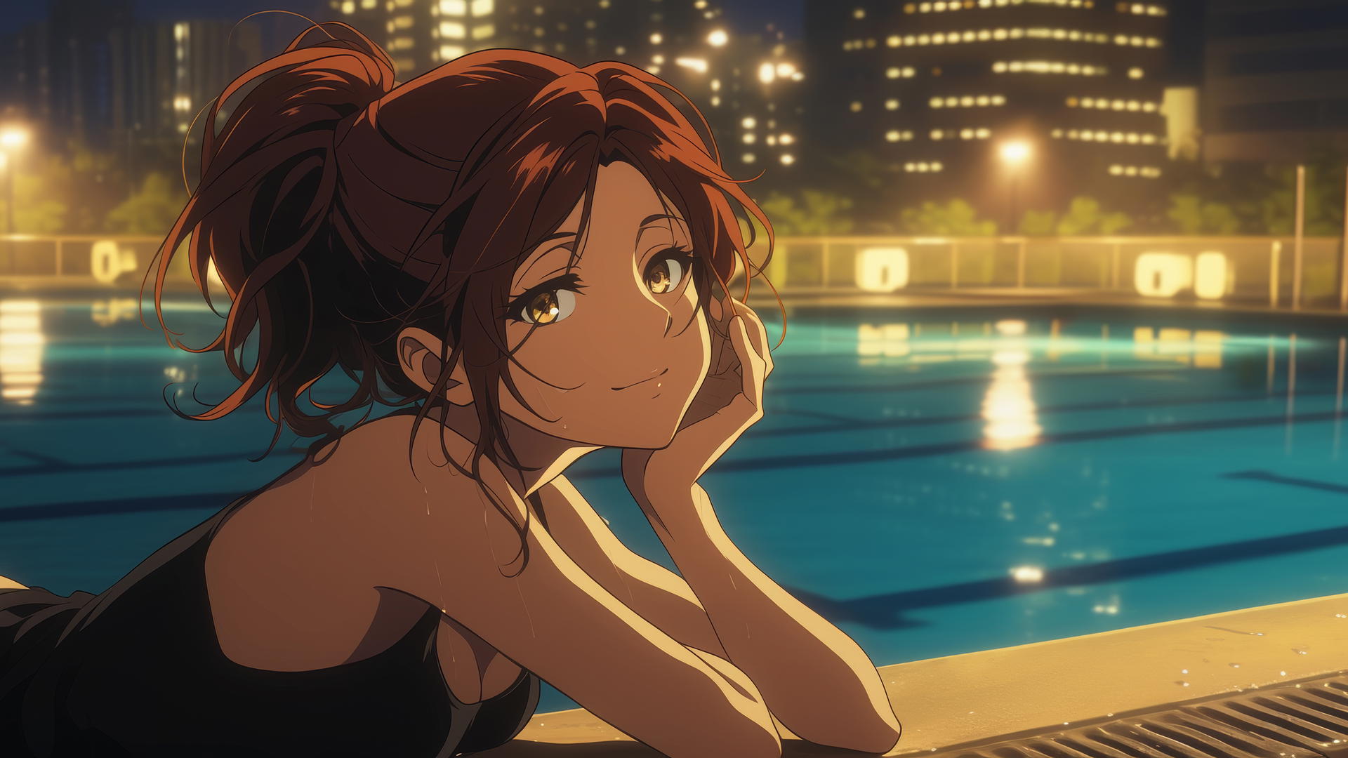 Sasha Blouse from Attack on Titan resting by pool under moonlight with light brown eyes and reddish brown hair