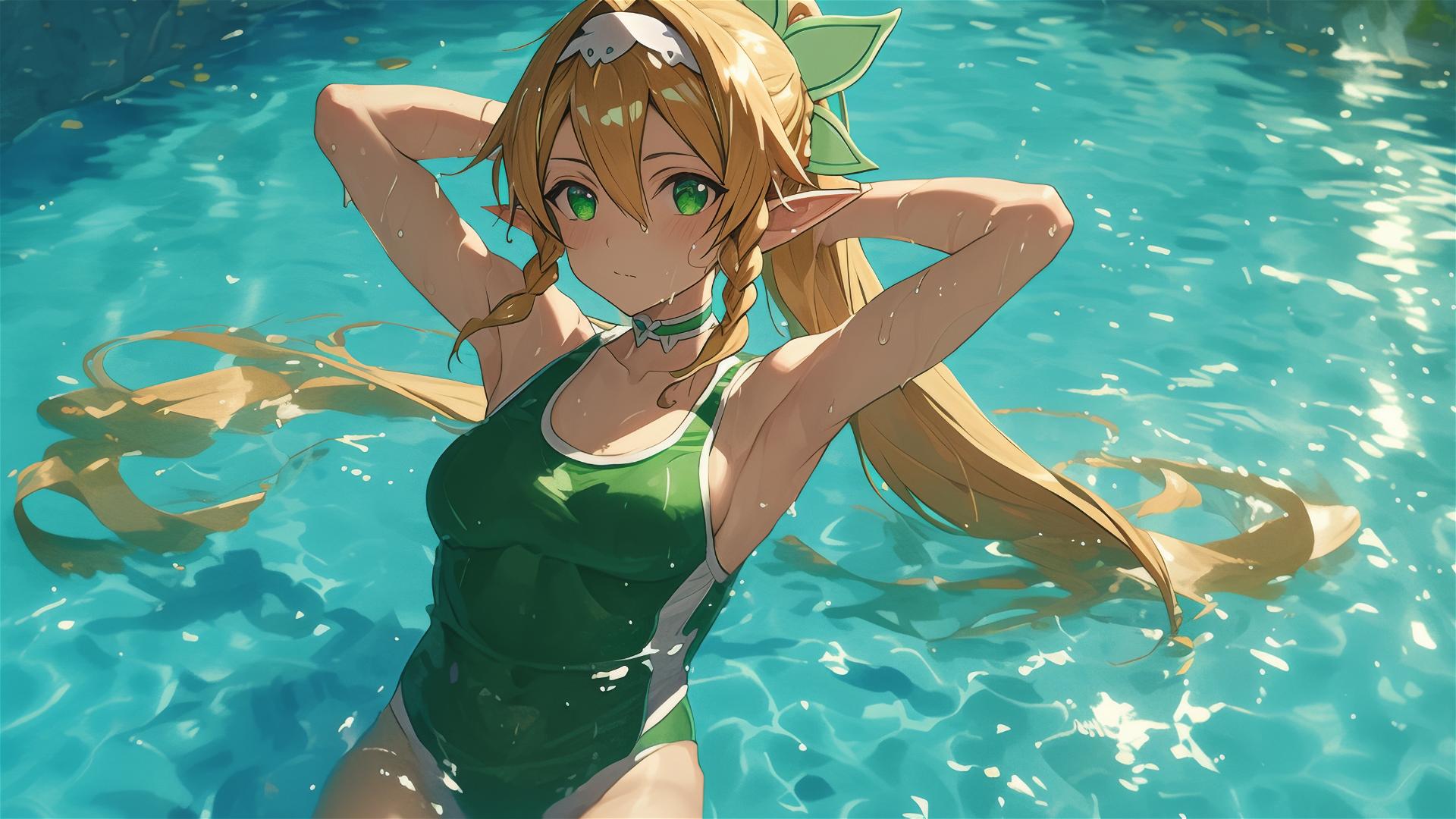 Leafa from Sword Art Online standing in a pool under moonlight