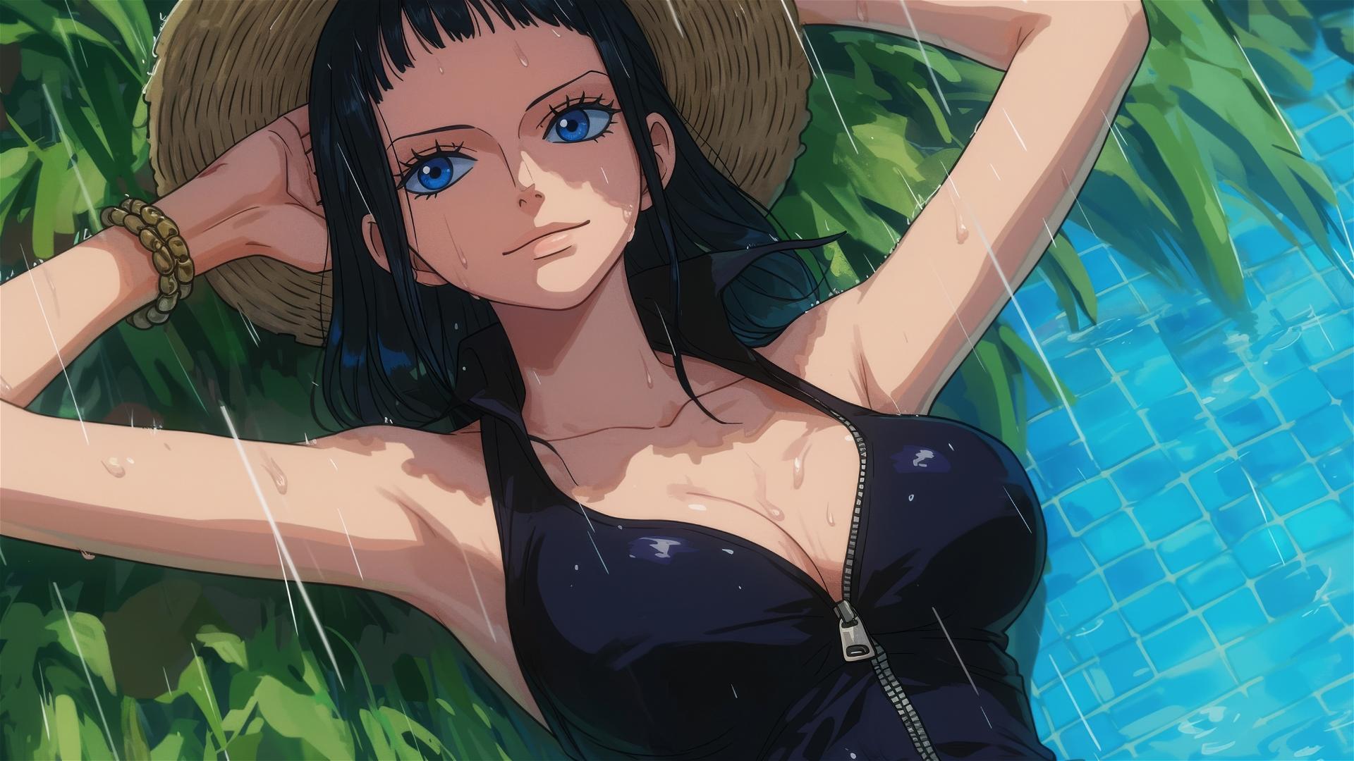 Nico Robin resting by a pool in moonlight, rainy day, bunny girl style, blue eyes