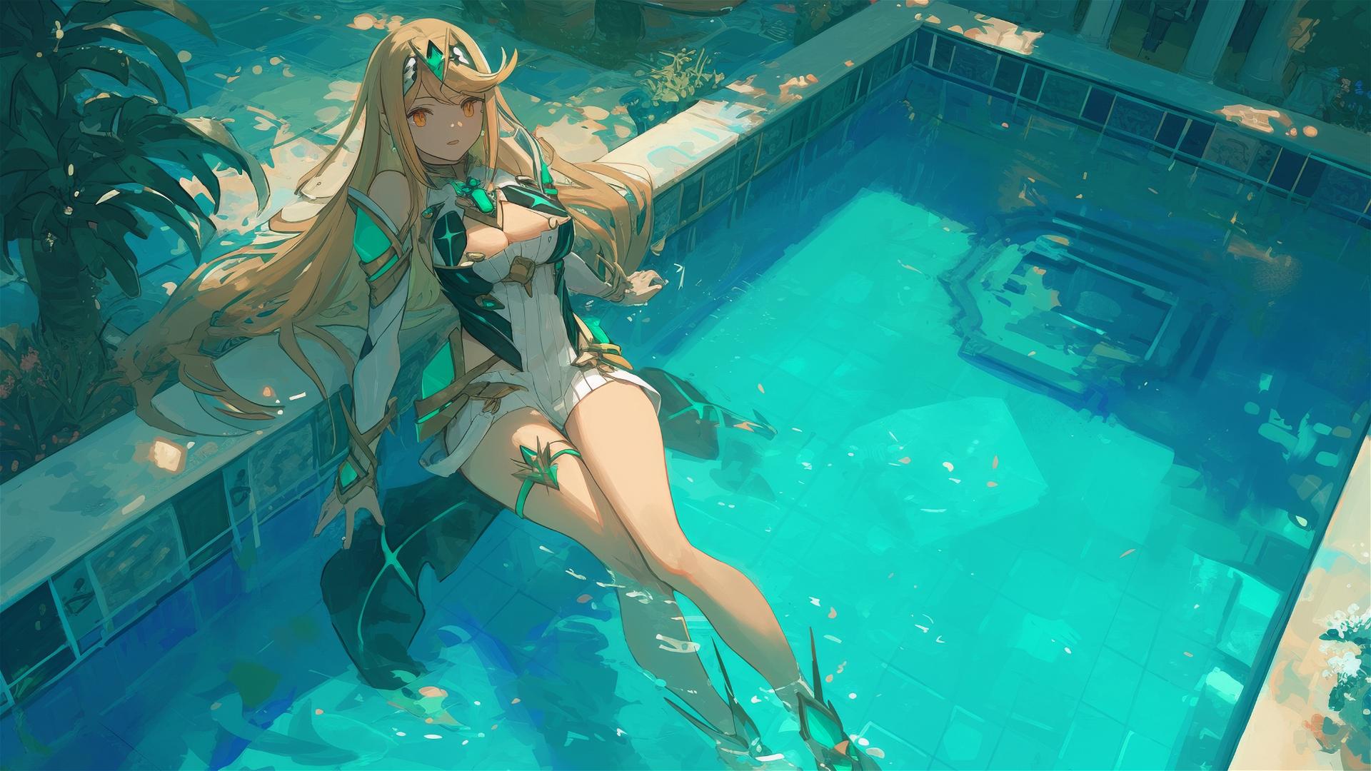 Mythra from Xenoblade Chronicles resting by a pool under moonlight