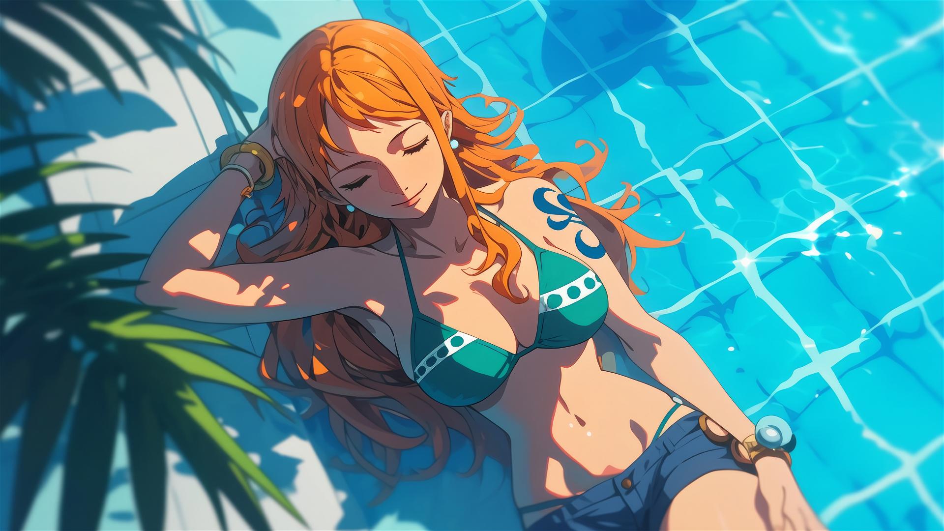 Nami from One Piece resting by a pool under moonlight