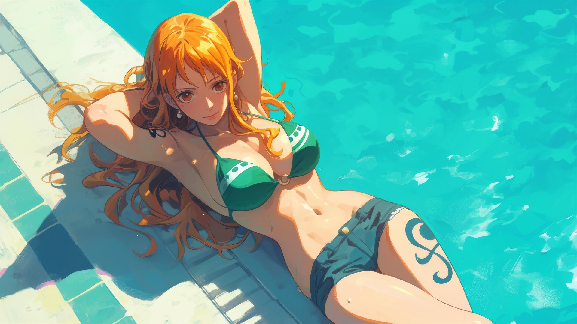 Nami from One Piece relaxing by pool under moonlight