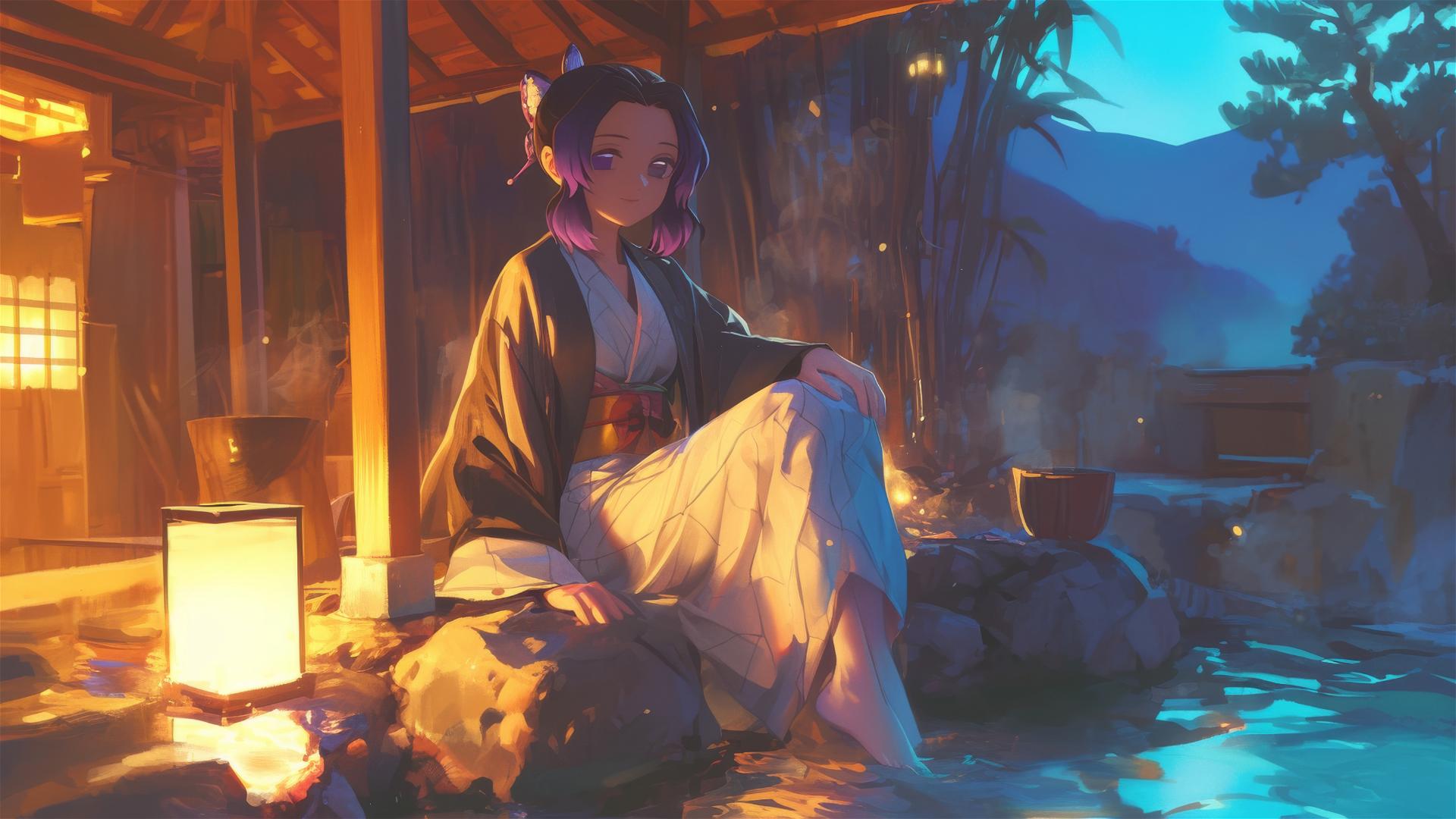 Shinobu Kocho from Demon Slayer resting by a hot spring under moonlight