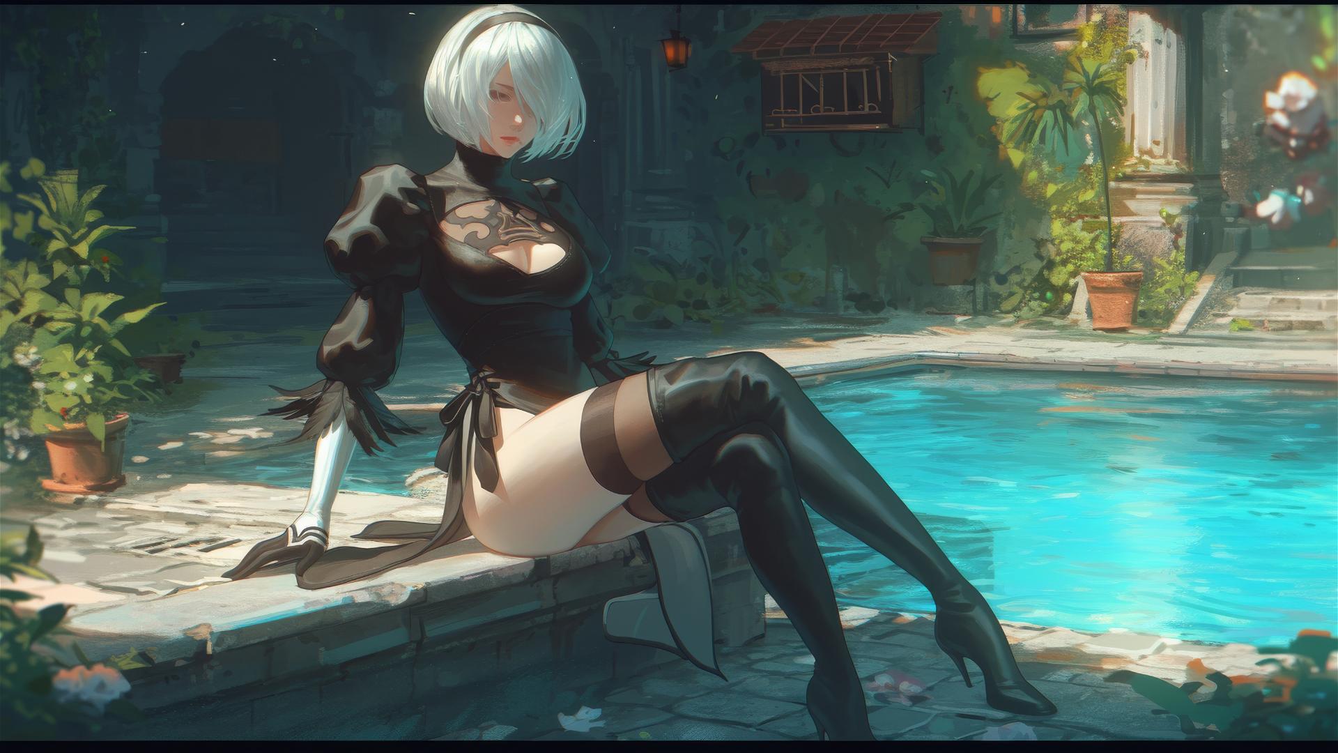 2B from Nier resting by the pool under moonlight