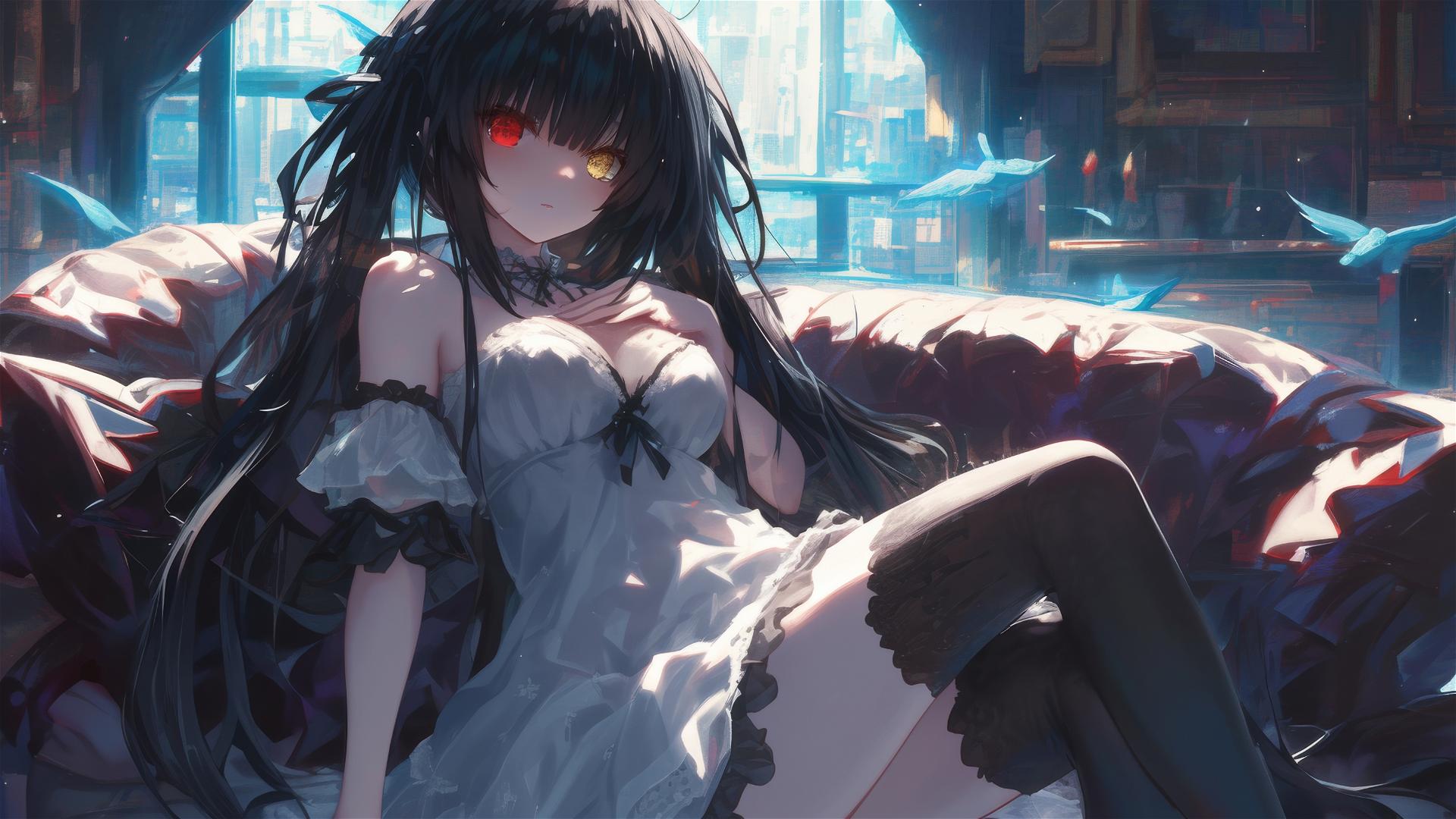 Kurumi Tokisaki from Date A Live resting, moonlight casting glow, dressed in white with one red and one yellow eye