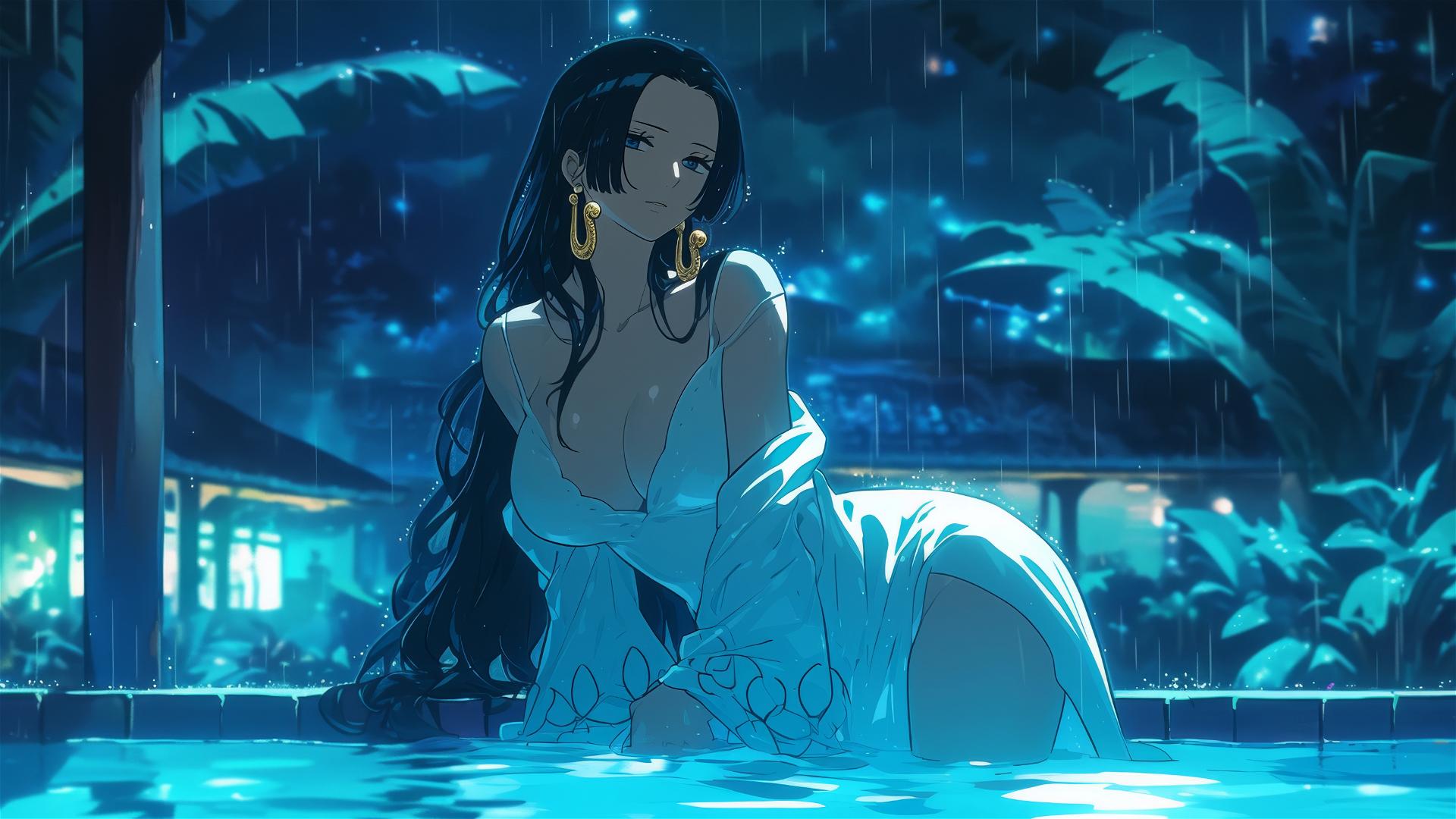 Boa Hancock from One Piece resting by pool in moonlight, white dress, rain