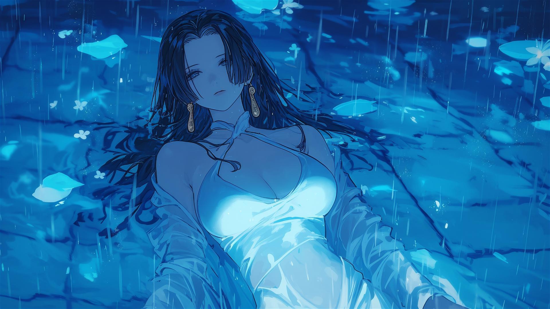 Boa Hancock in white dress standing in rainy pool with moonlight