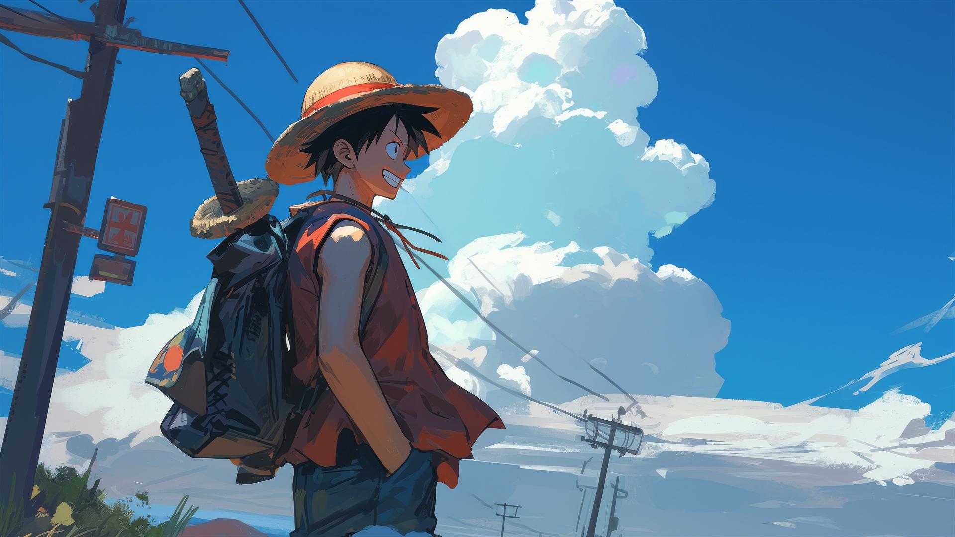 Luffy from One Piece walks along a lonely highway under thunderstorms
