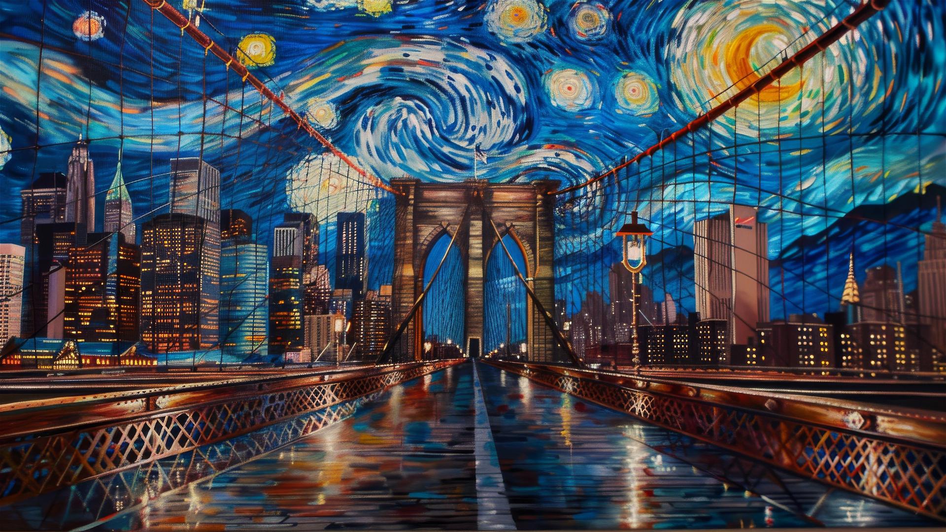 Brooklyn Bridge at twilight with Starry Night sky
