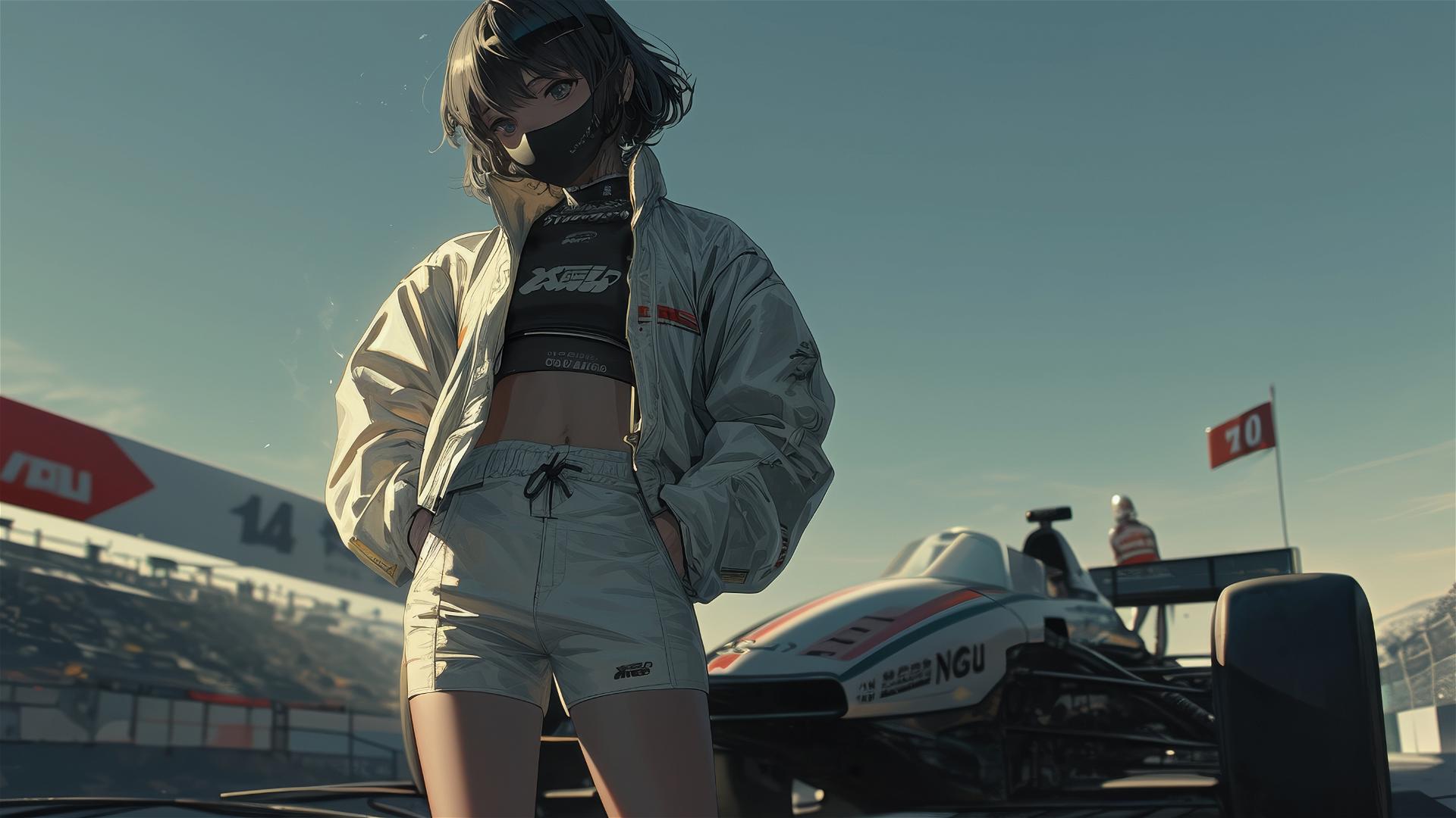 Racer girl with a dark mask and short hair in dynamic thigh-focused pose