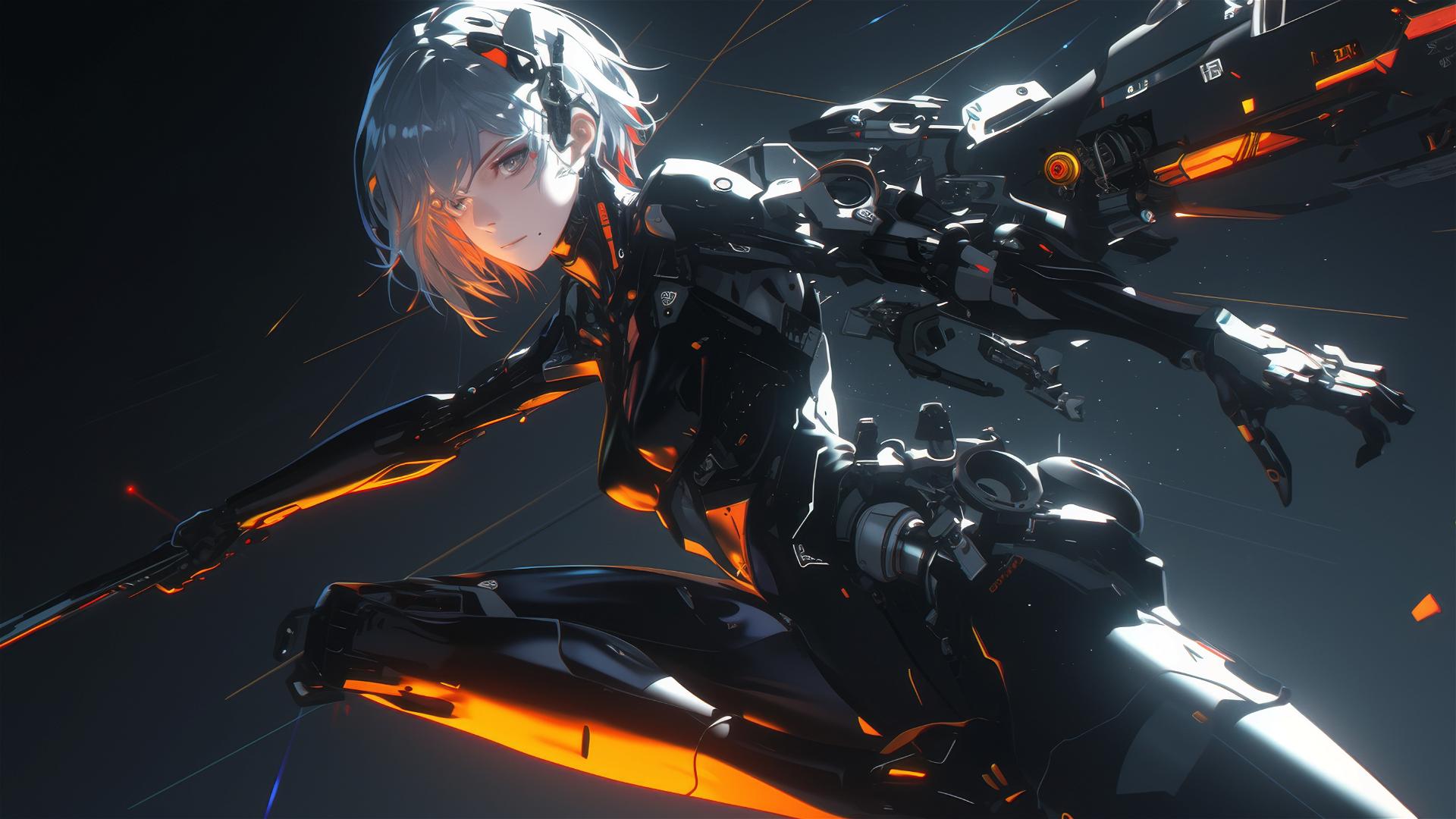 Cybernetic agent girl striking a dynamic pose with a focus on thigh against dark background with spotlight effect.