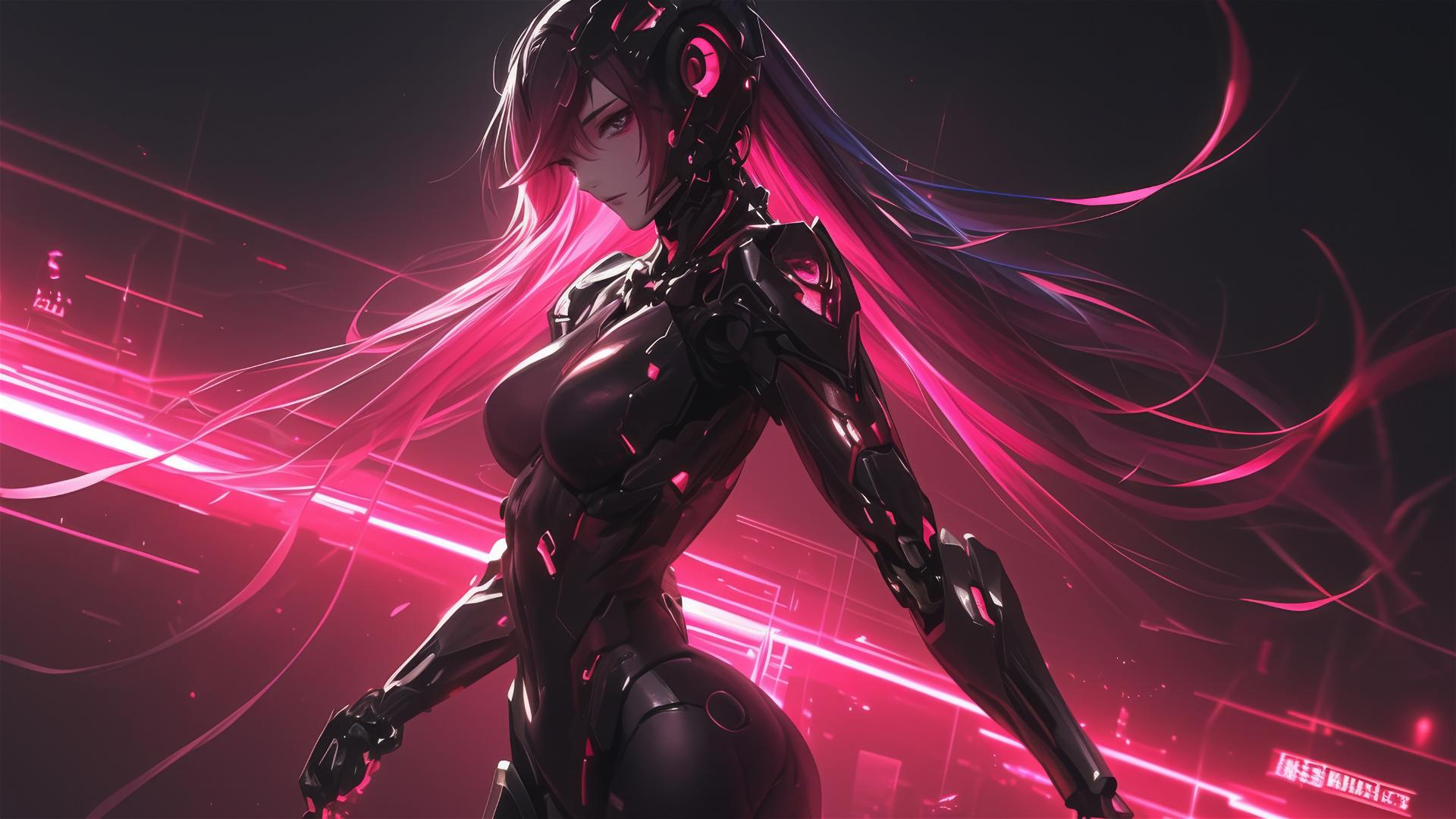Cybernetic Agent Girl in dynamic pose with a dark background and spotlight effect