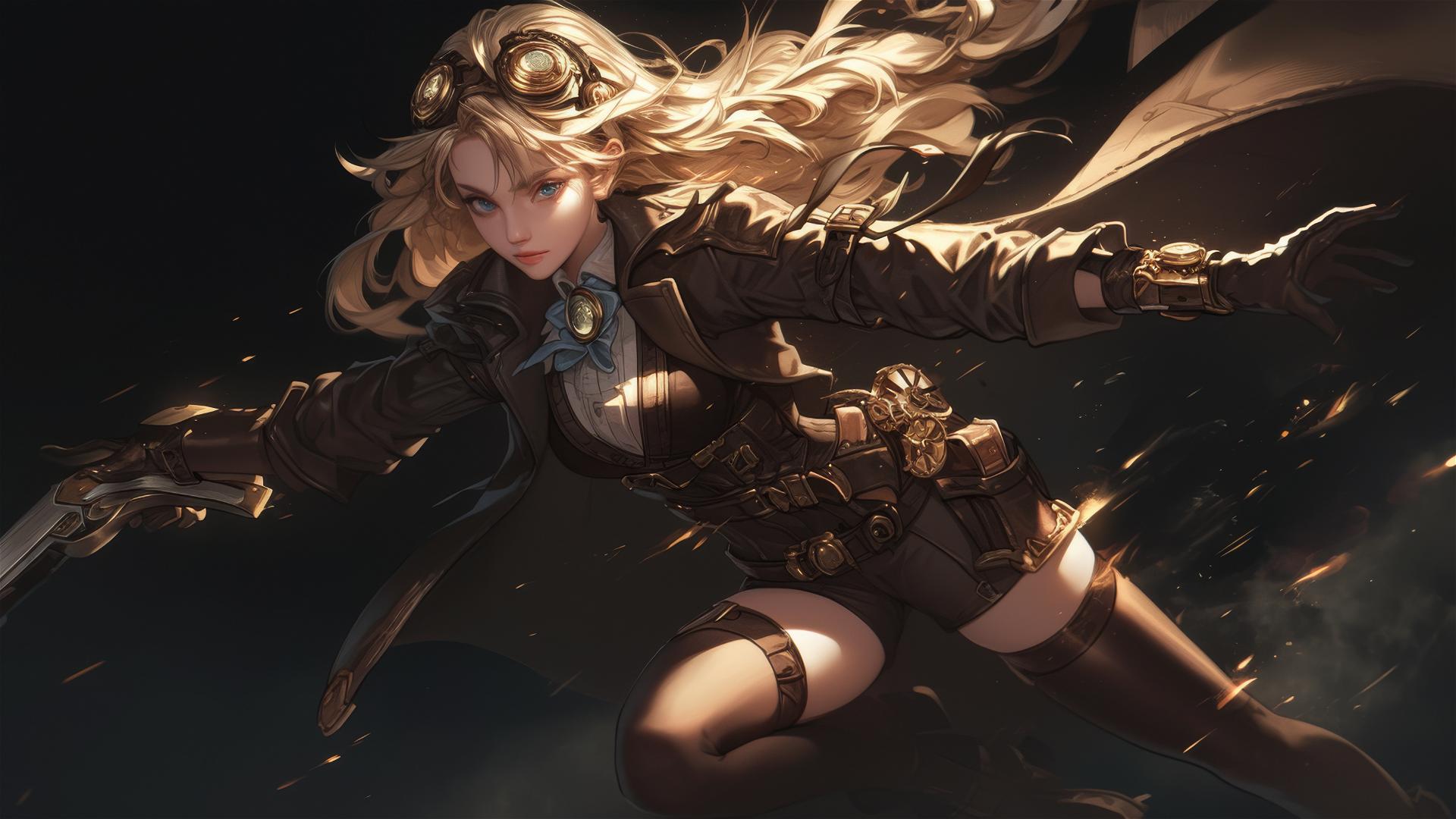 Steampunk Adventurer Girl in dynamic pose on dark background with spotlight effect