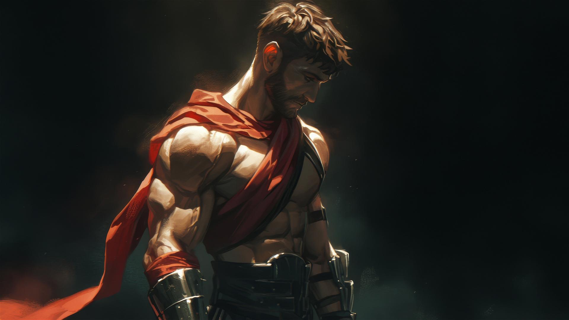 Gladiator warrior with spotlight on thighs in dynamic pose