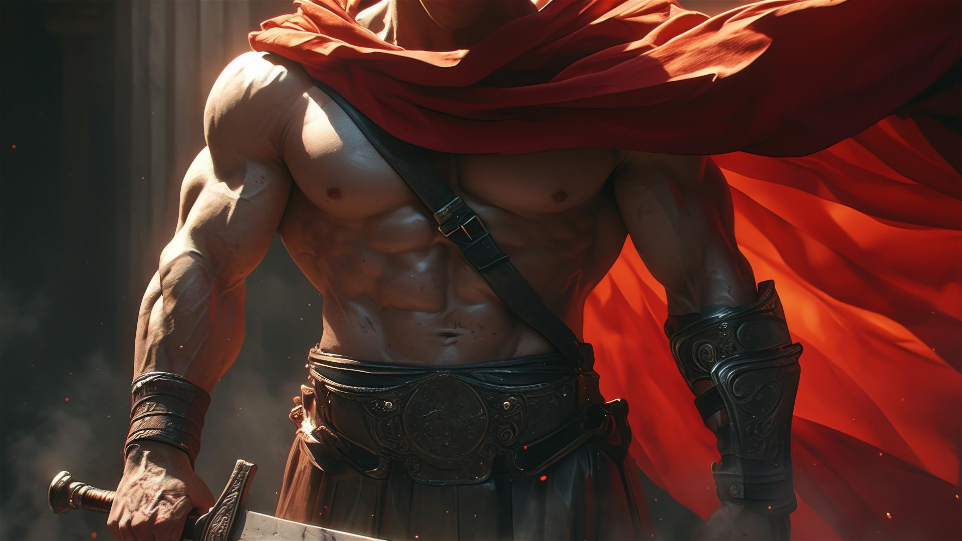 Gladiator warrior with a thigh focus under a spotlight on a dark background