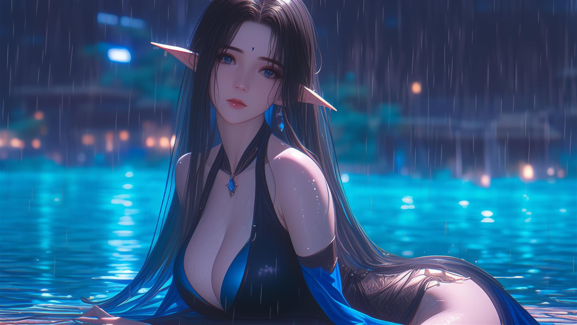 Fantasy elf girl resting by pool in moonlit rainy scene