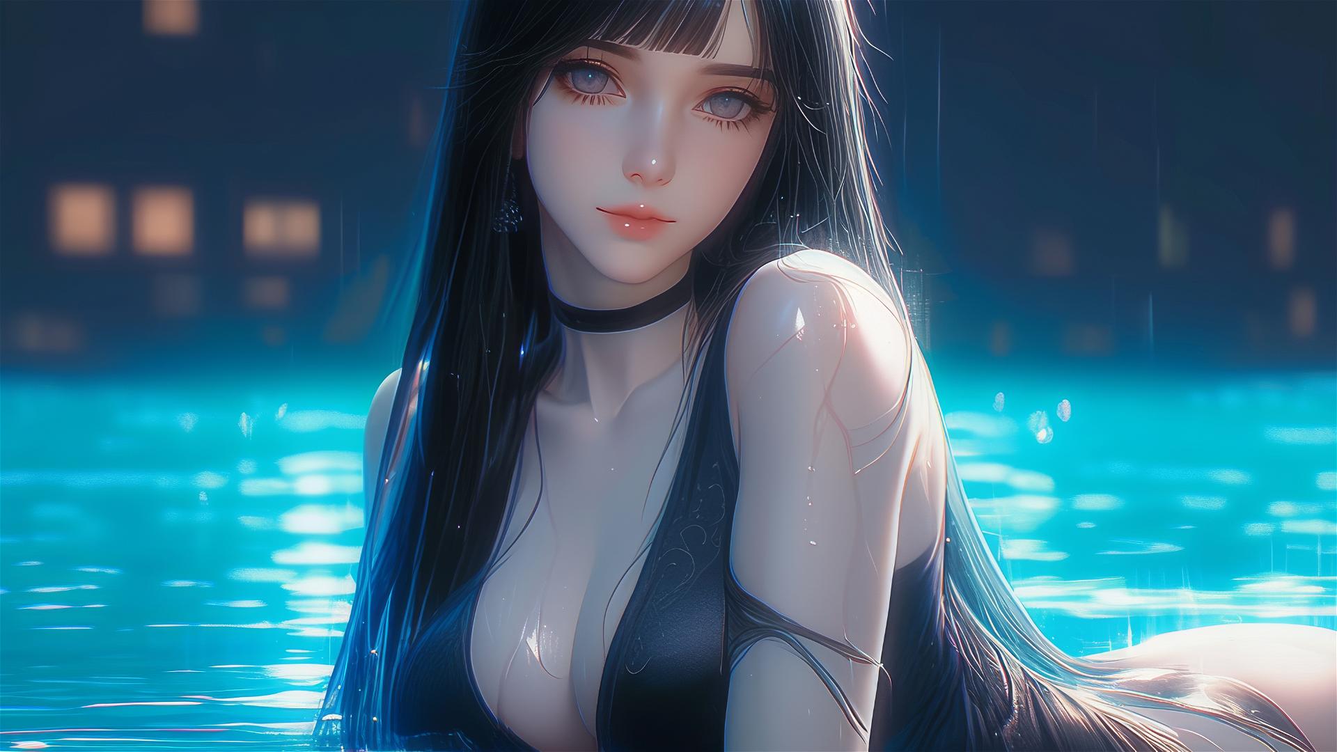 Hinata Hyuga resting by the pool under moonlight in the rain, super realistic