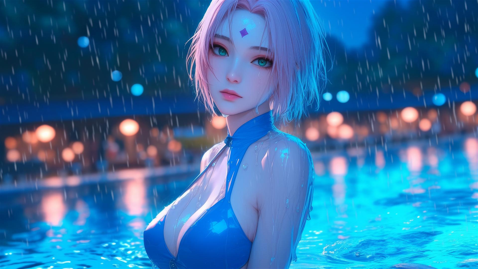 Haruno Sakura from Naruto standing in a pool under moonlight with rain
