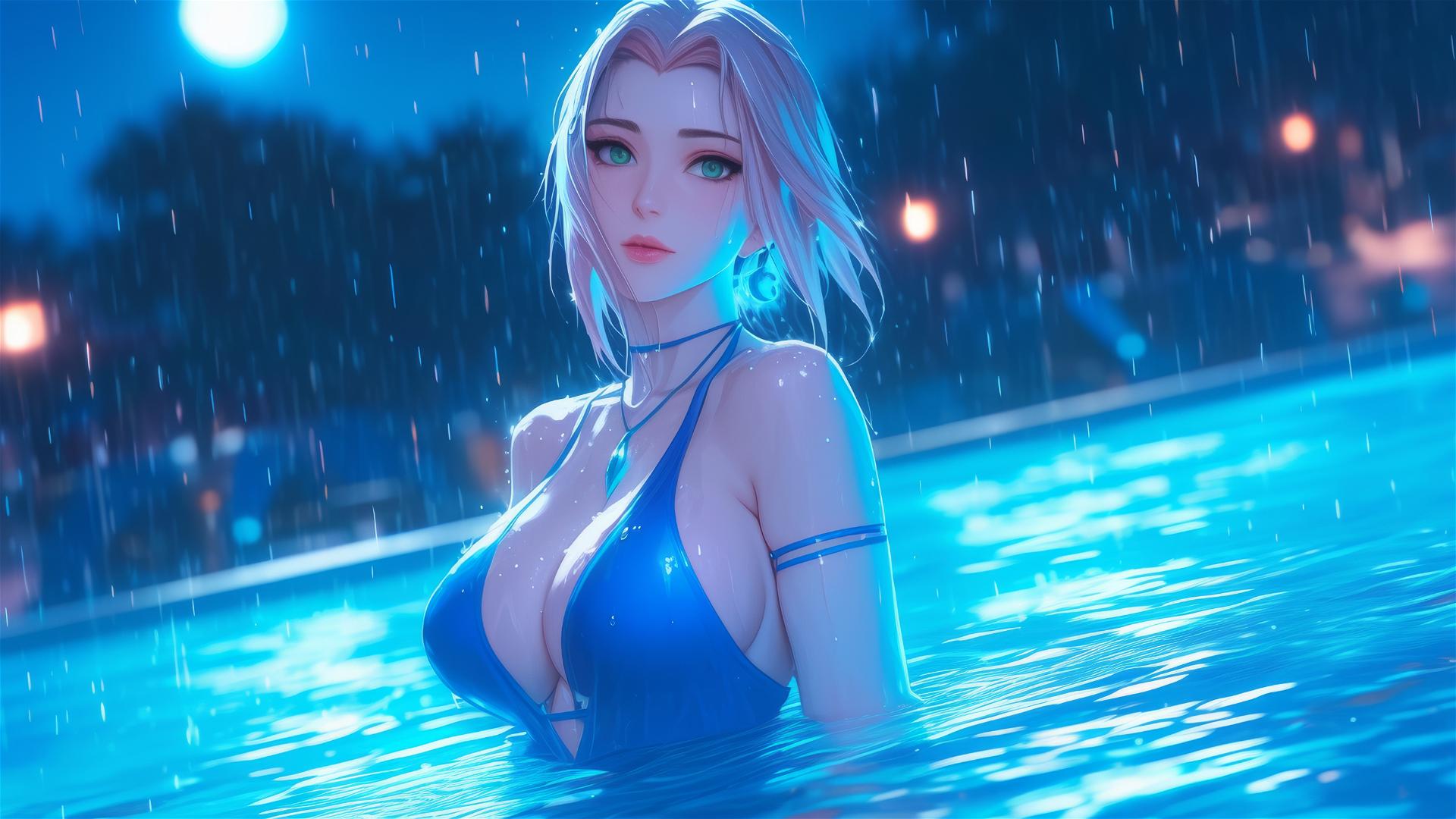 Haruno Sakura from Naruto standing in rain-filled pool under moonlight
