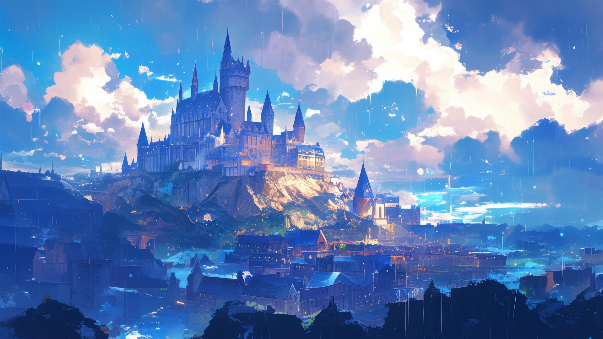 Ghibli-style illustration of Hogwarts on a rainy day