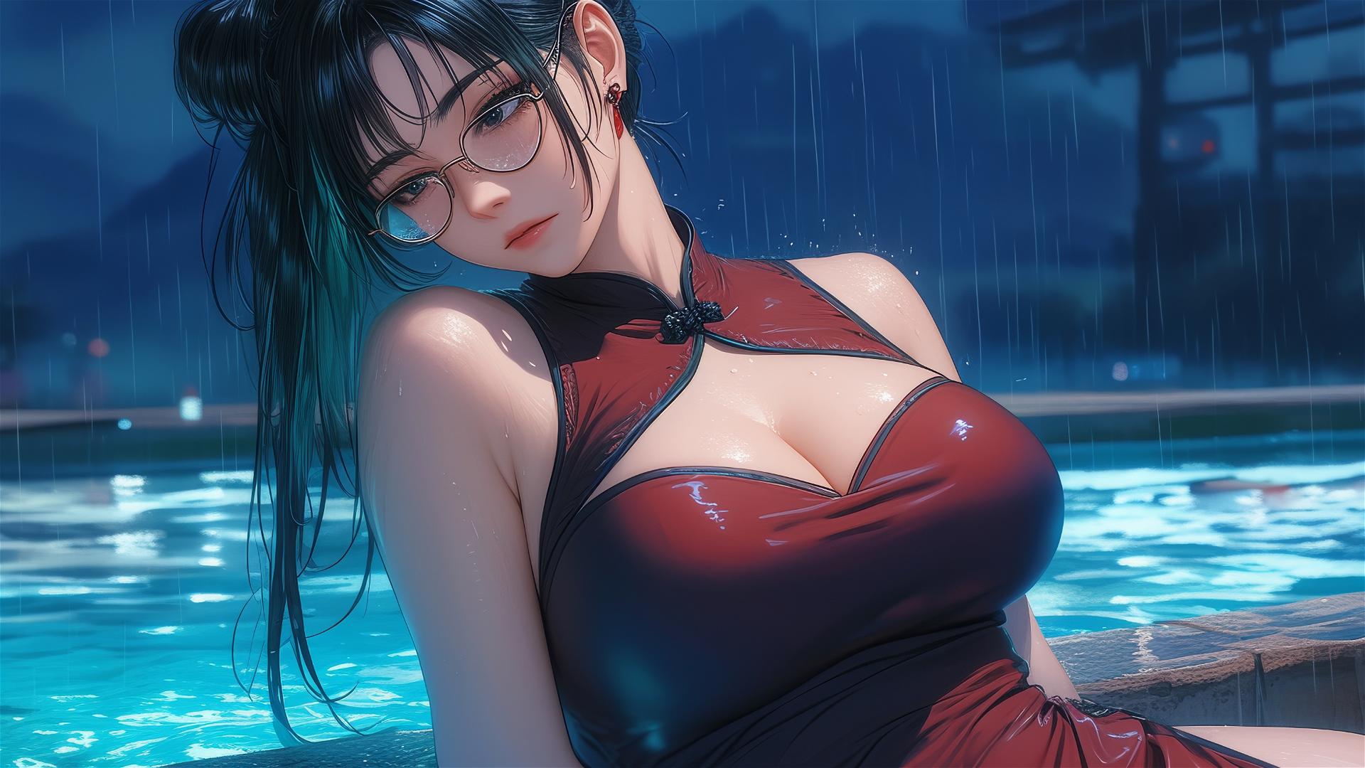 Maki Zenin from Jujutsu Kaisen resting by the pool under moonlight, in red dress and glasses, rainy ambiance