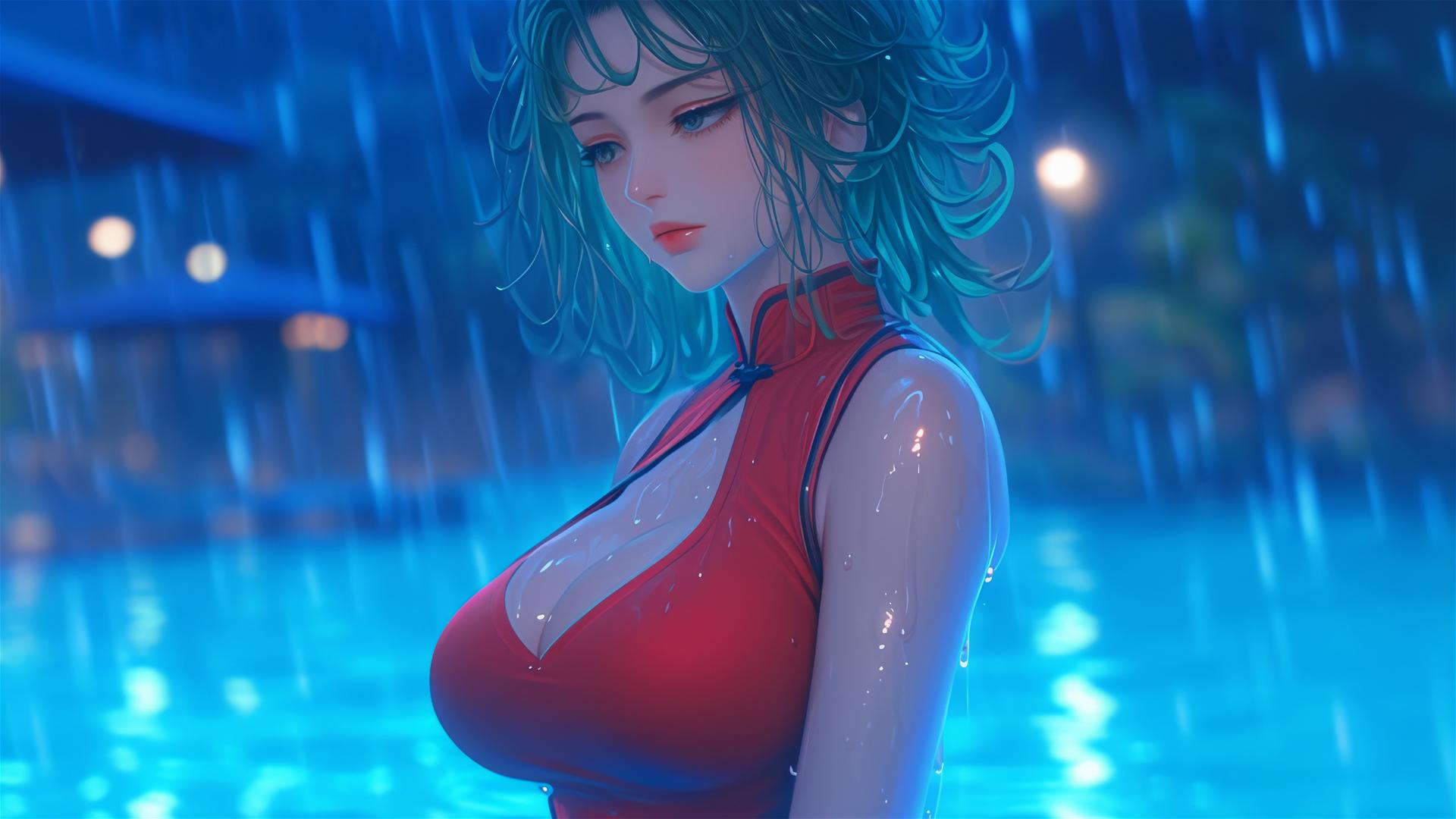Tatsumaki from One-Punch Man resting by a pool under moonlight, rainy, in a red dress
