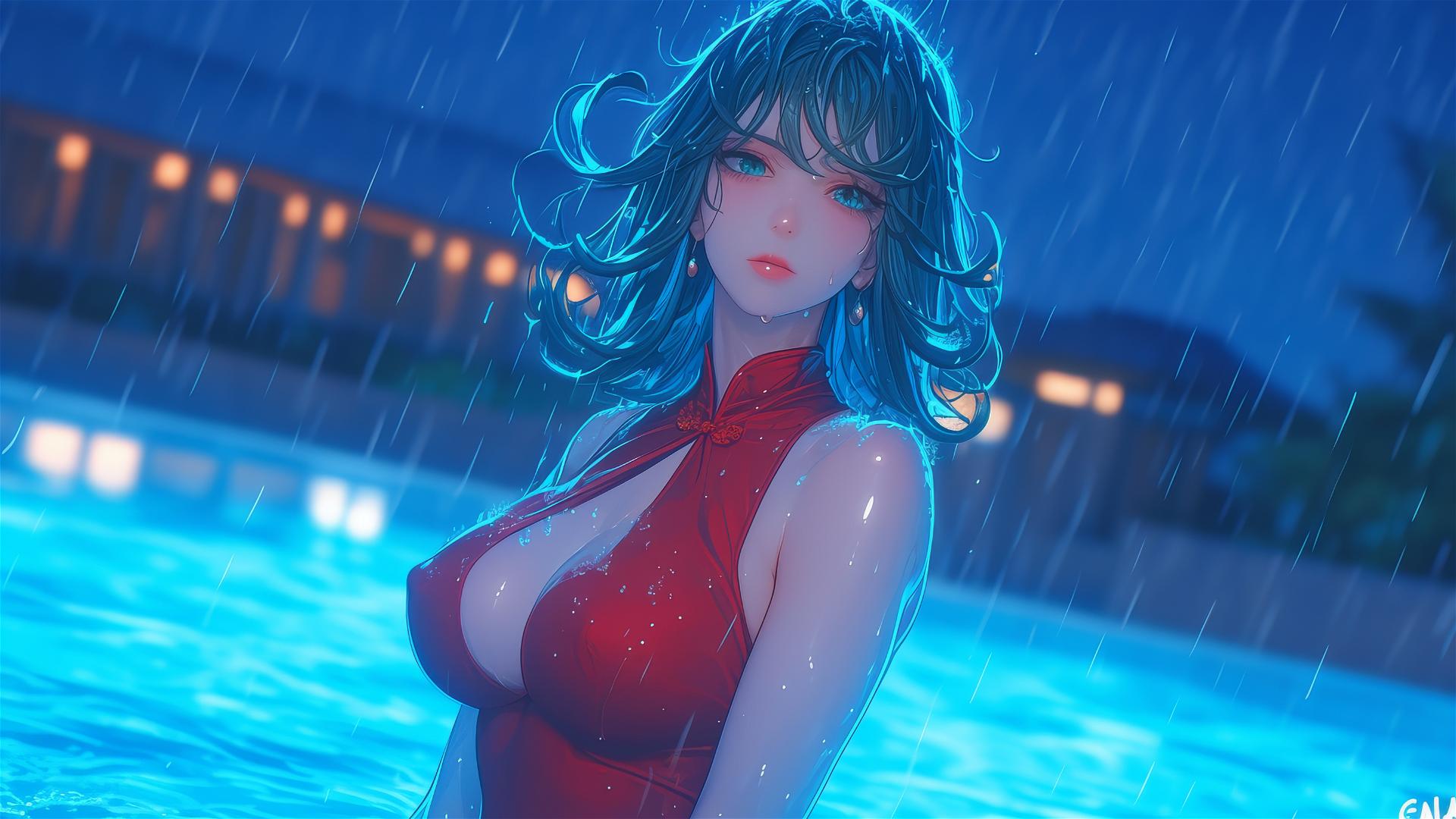 Tatsumaki from One-Punch Man standing in pool under moonlight, wearing red dress, rainy mood