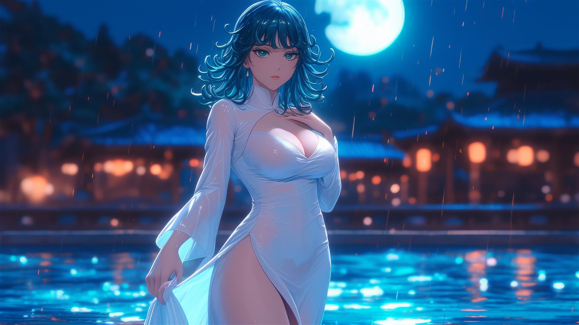 Tatsumaki from One-Punch Man standing in a pool under moonlight, rainy, white dress