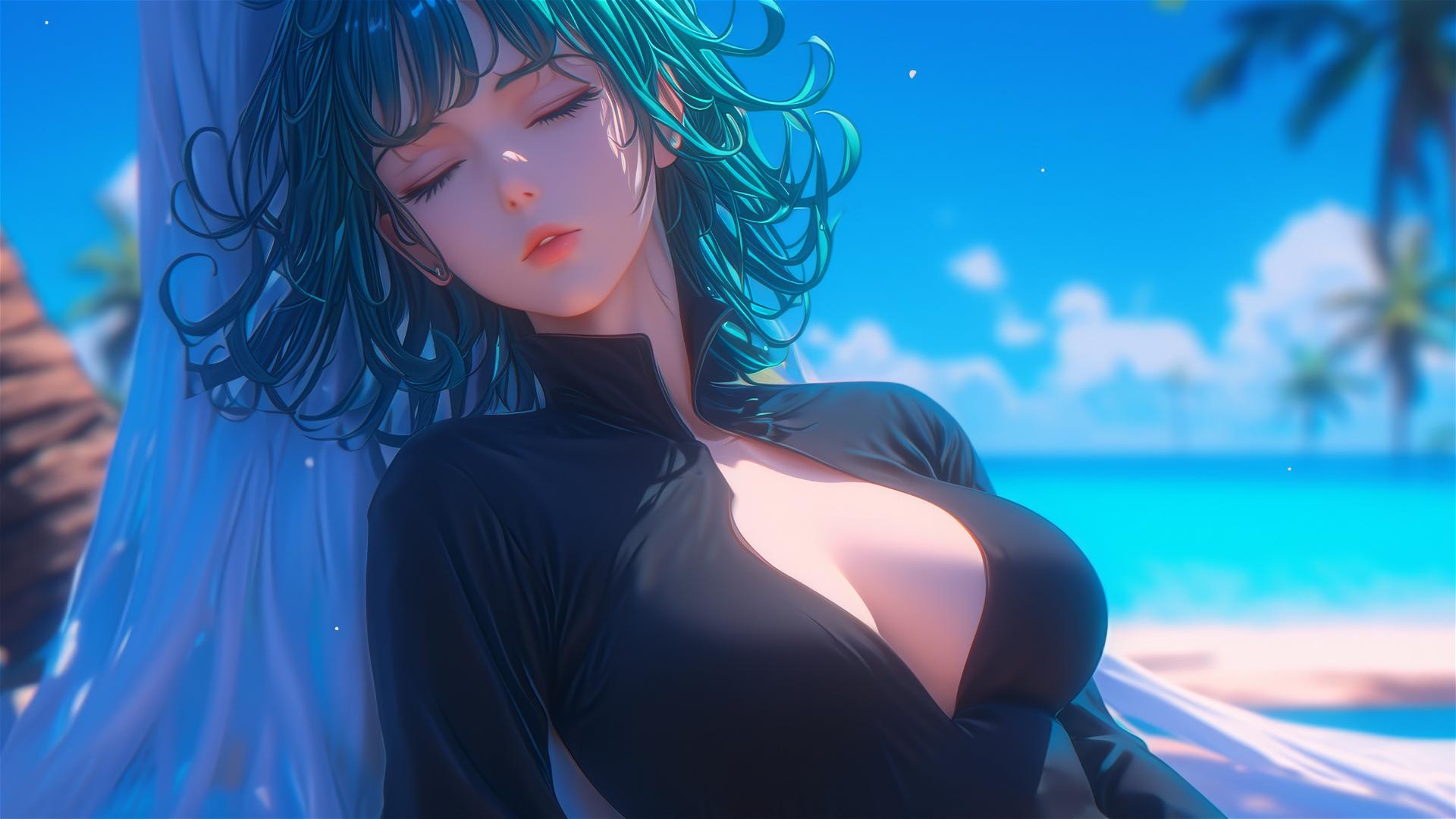 Tatsumaki from One-Punch Man resting by pool under moonlight