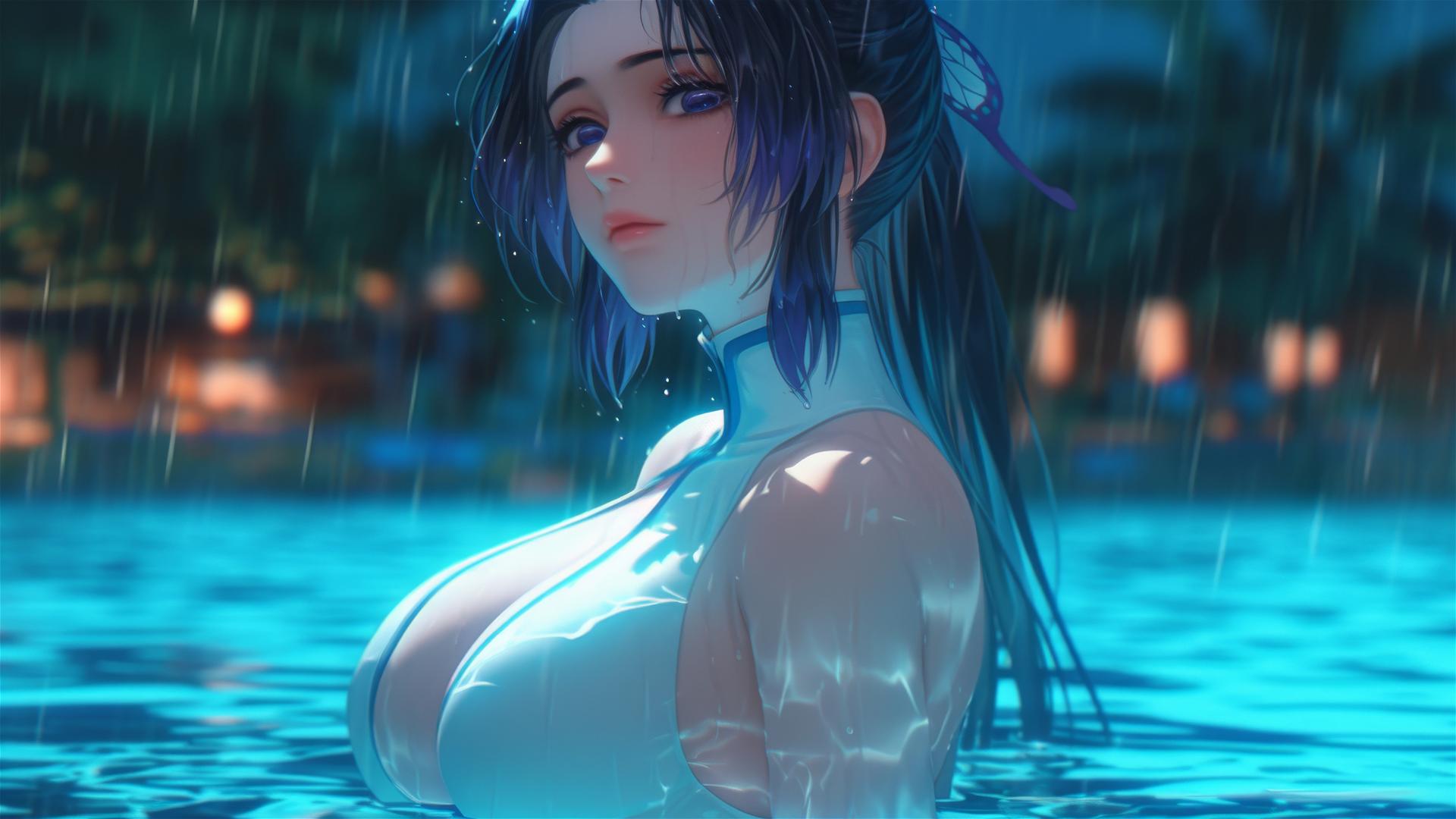 Shinobu Kocho from Demon Slayer standing in a pool under moonlight and rain