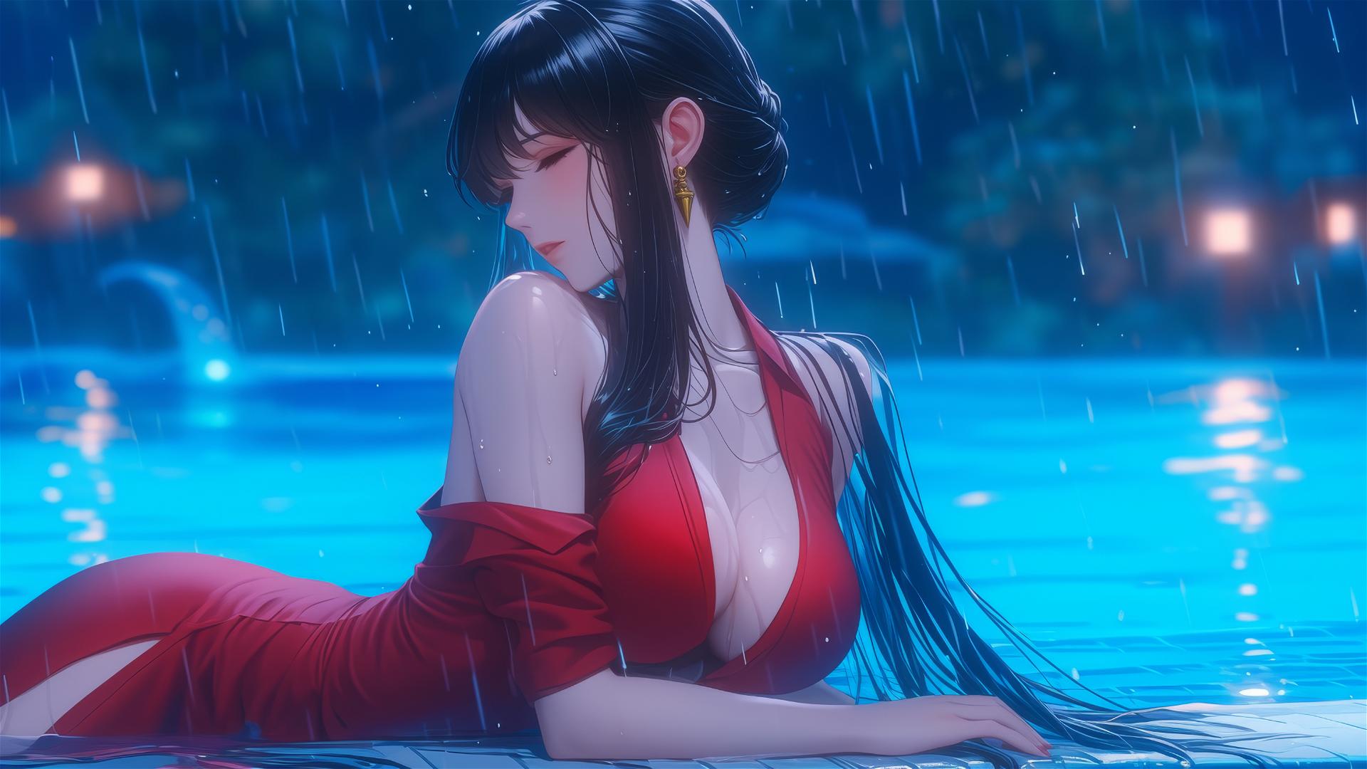 Yor Forger by pool with rain and moonlight, red pajamas