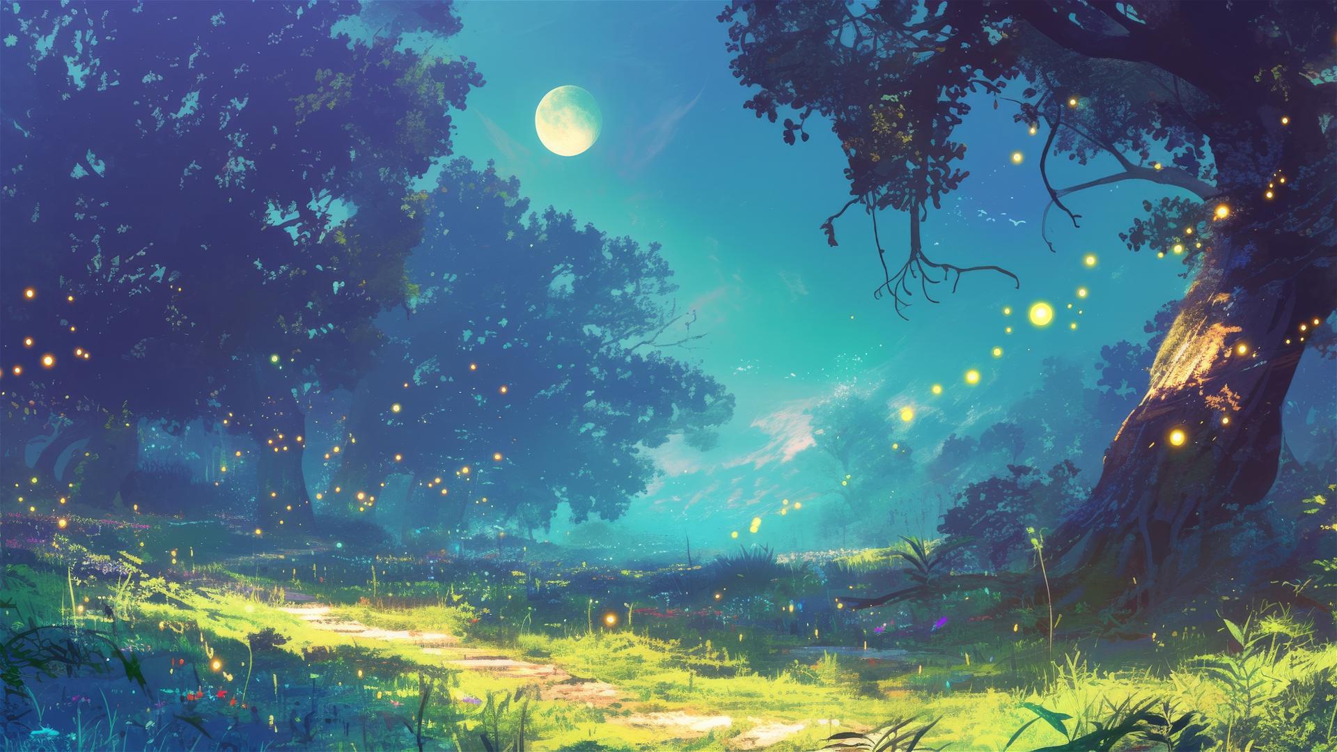 Glowing path through an enchanted meadow with fireflies and a full moon