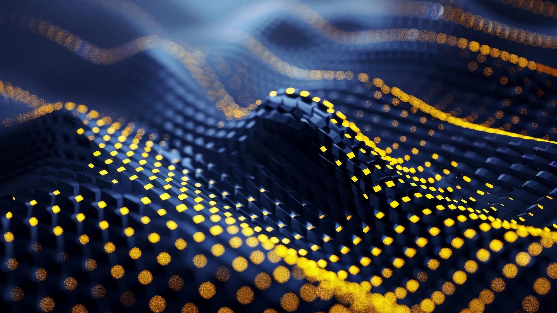 Abstract black and yellow squares with blue-striped dark background, futuristic chromatic waves, and colorful minimalism