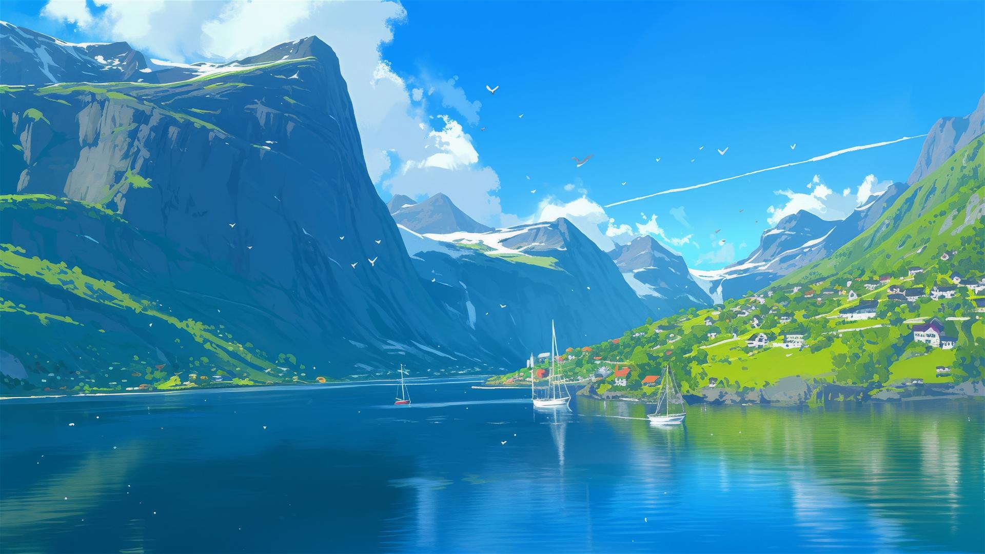 Serene fjord landscape with reflective waters and green cliffs
