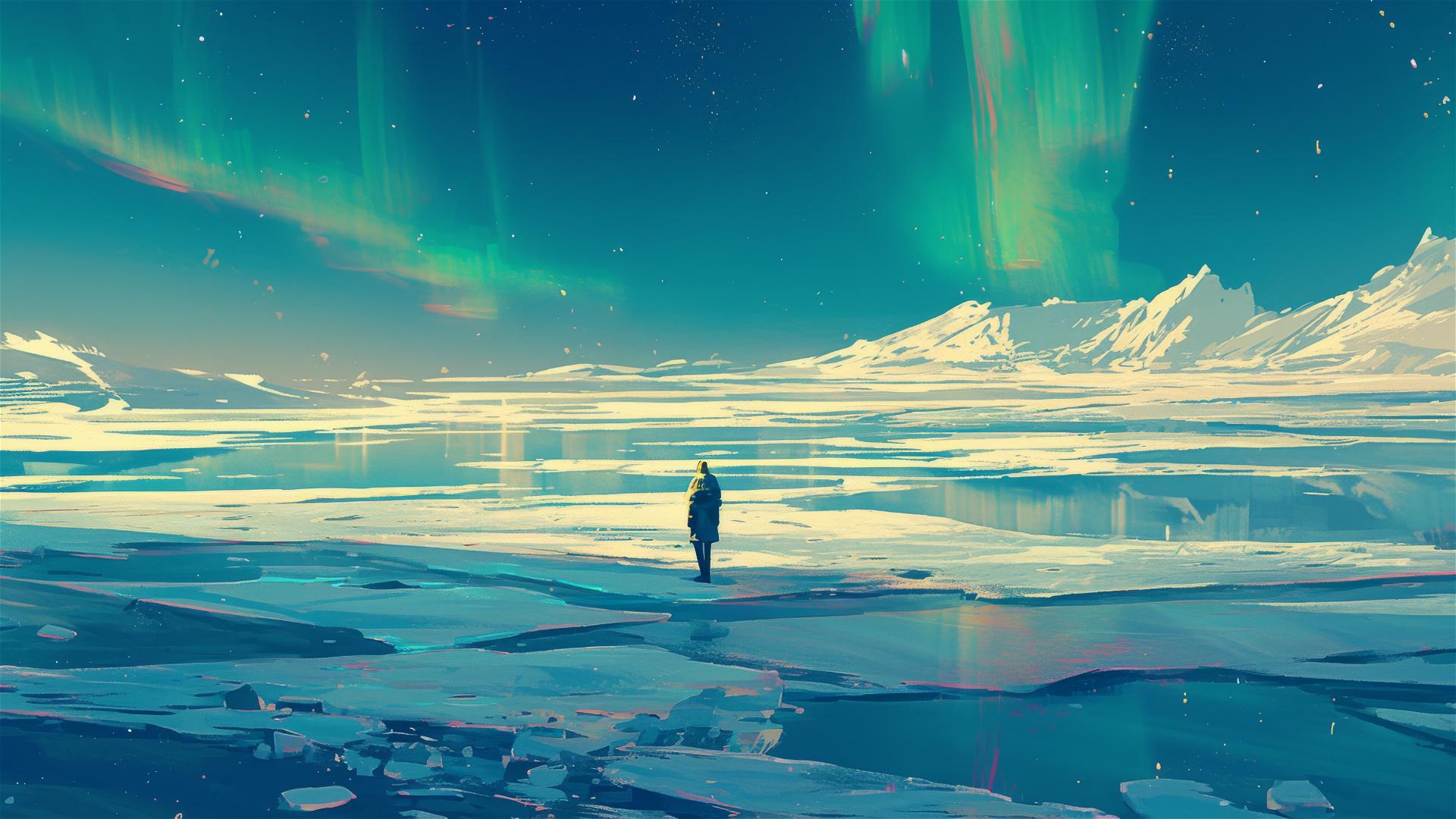 Sparkling ice field under the Northern Lights