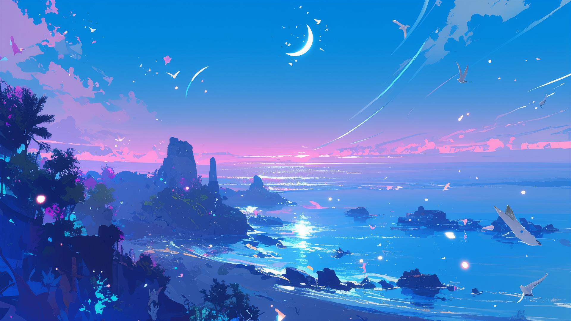 Bioluminescent bay with sparkling waves under crescent moon