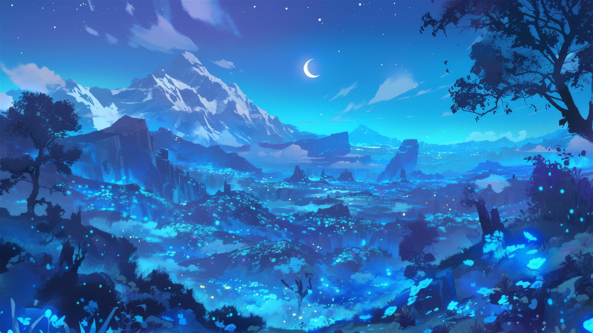 Nightglow valleys with areas of natural phosphorescence creating a nocturnal light map
